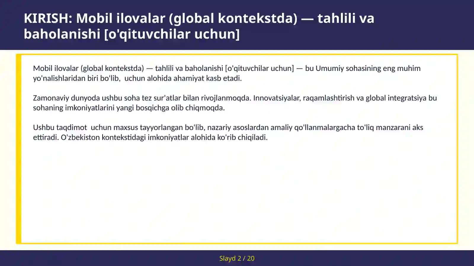 MOBIL ILOVALAR (GLOBAL KONTEKSTDA) - TAHLILI VA BAHOLANISHI [O'QITUVCHILAR UCHUN] 2