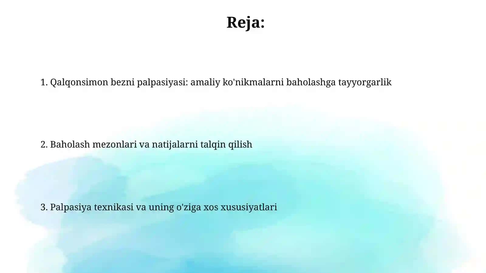 Amaliy ko'nikmalarni topshirish: qalqonsimon bezpalpatsiyasi 2