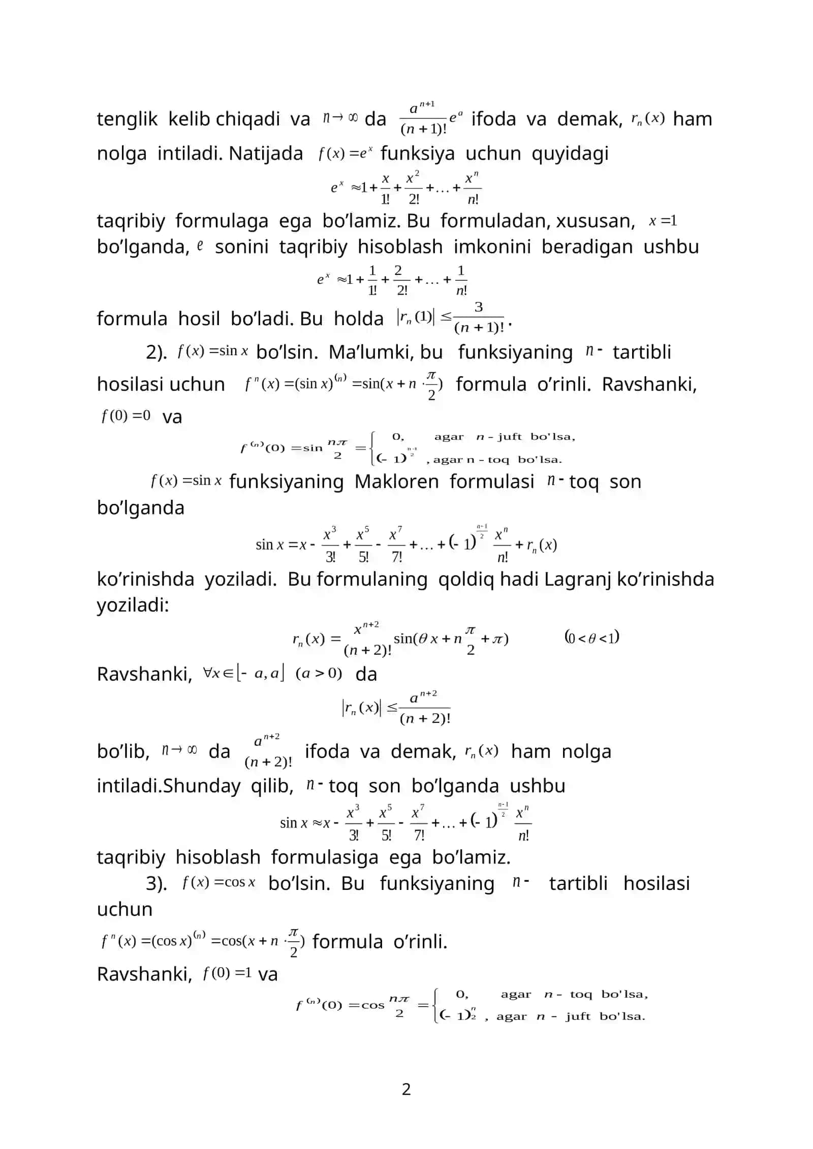 Lagranj ko’rinishidagi qoldiq hadli Makloren formulasini qaraylik 2