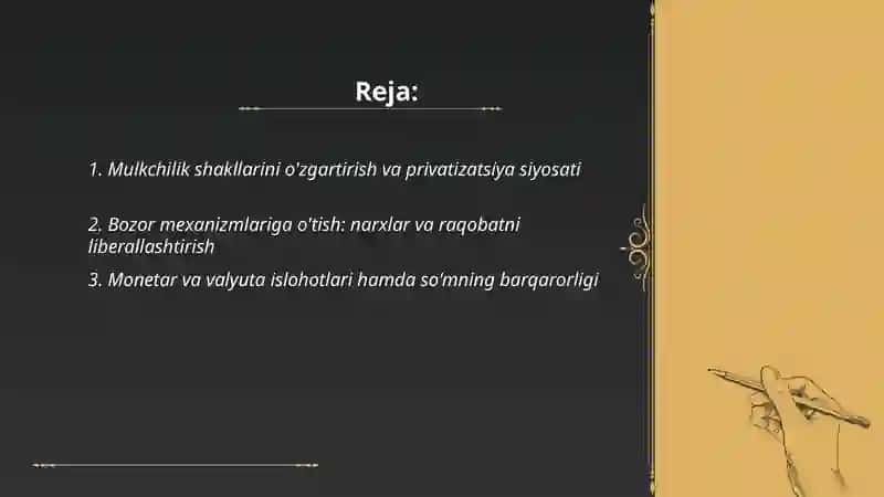 O'zbekistonda iqtisodiy islohotlarning amalga oshirilishi, bozor munosabatlarining shaklanishi 2