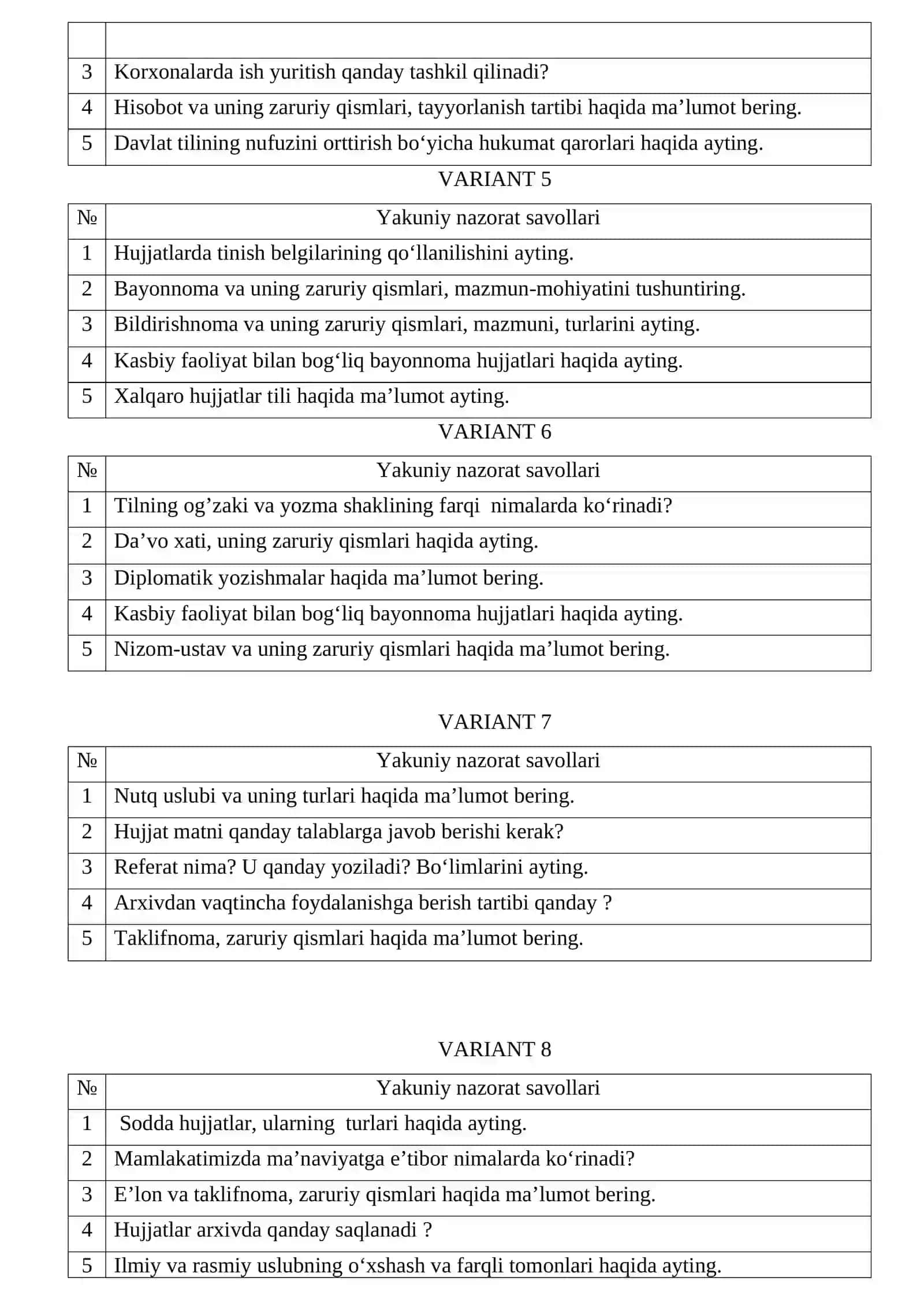 DAVLAT TILIDA ISH YURITISH fanidan og’zaki shakldagi YAKUNIY NAZORAT SAVOLLARI 2
