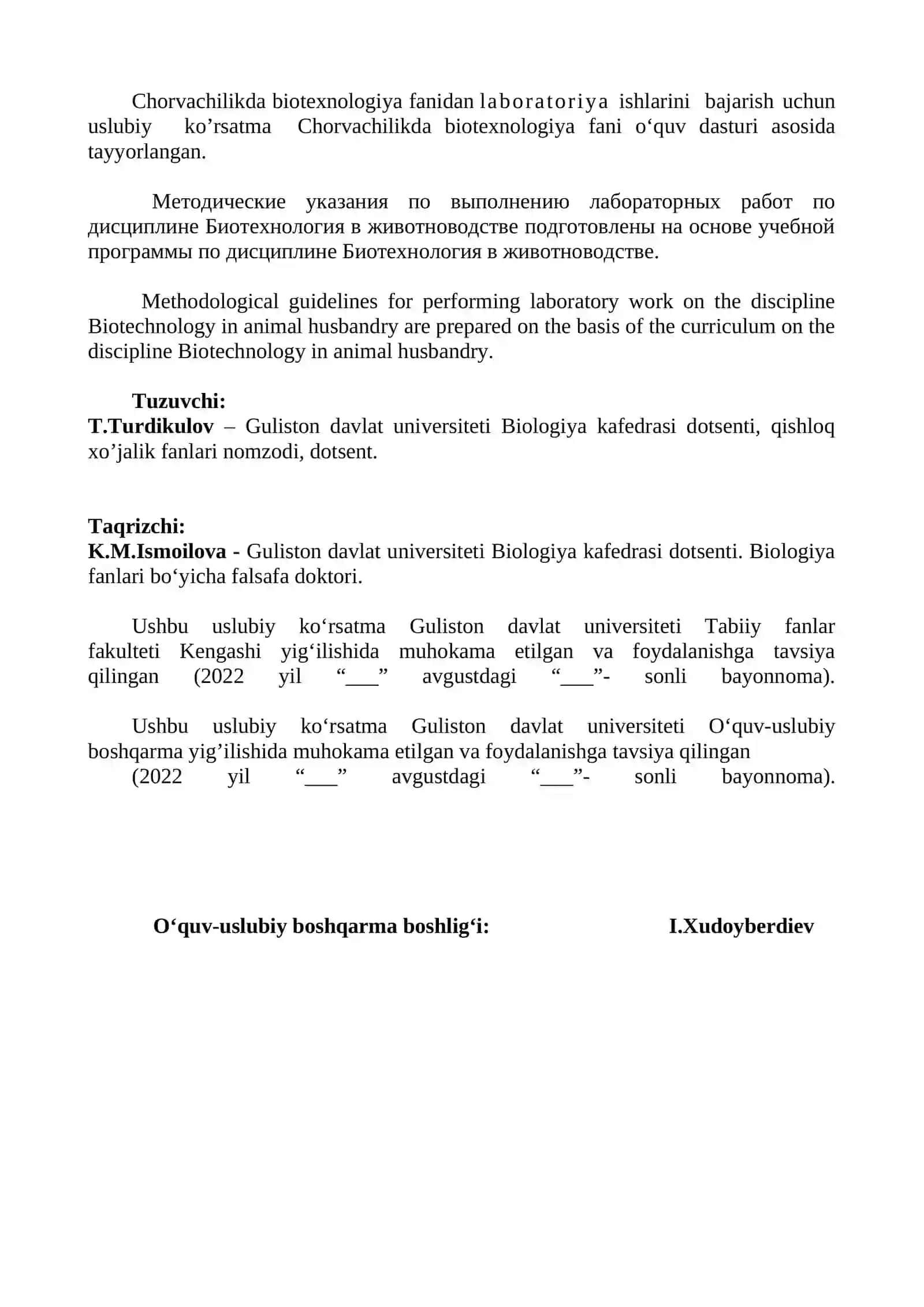 Chorvachilikda biotexnologiya fanidan laboratoriya ishlarini bajarish uchun uslubiy ko’rsatma 2