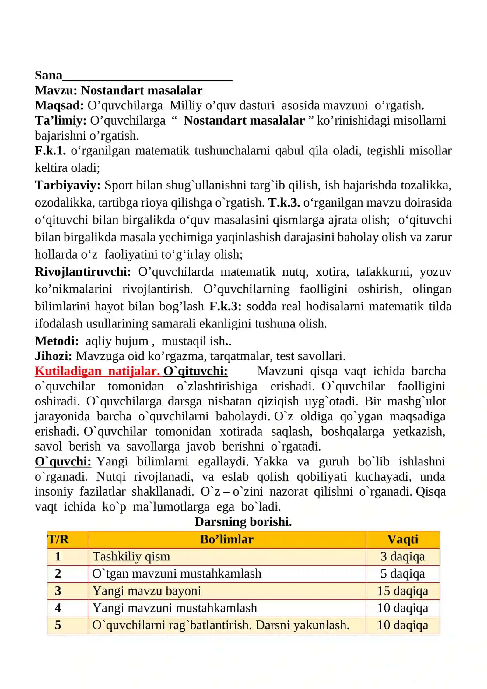 Nostandart masalalar 1-sinflar uchun Matematika fanidan dars ishlanmasi 2