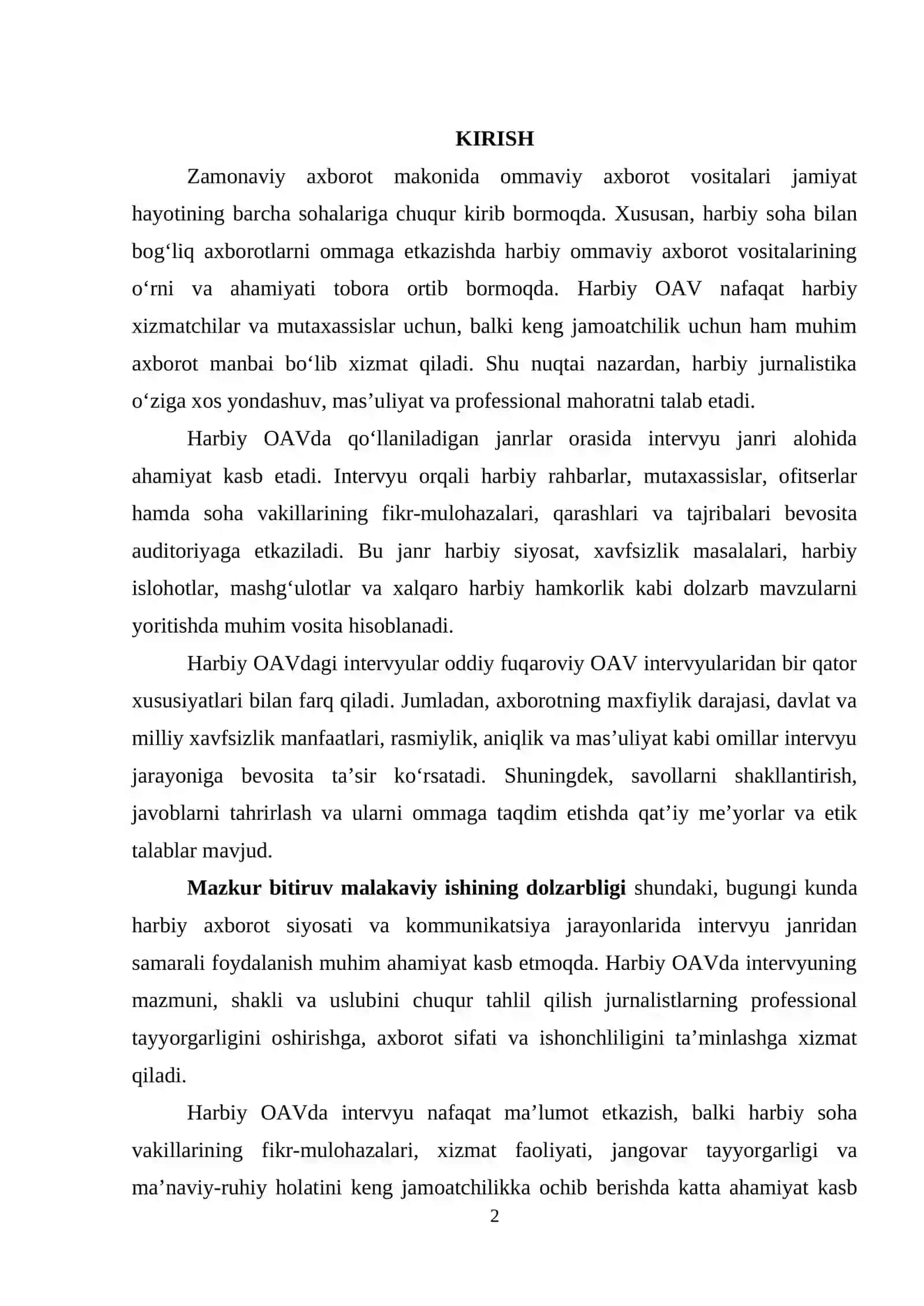 Harbiy OAVda intervyuning muhim xususiyatlari 2