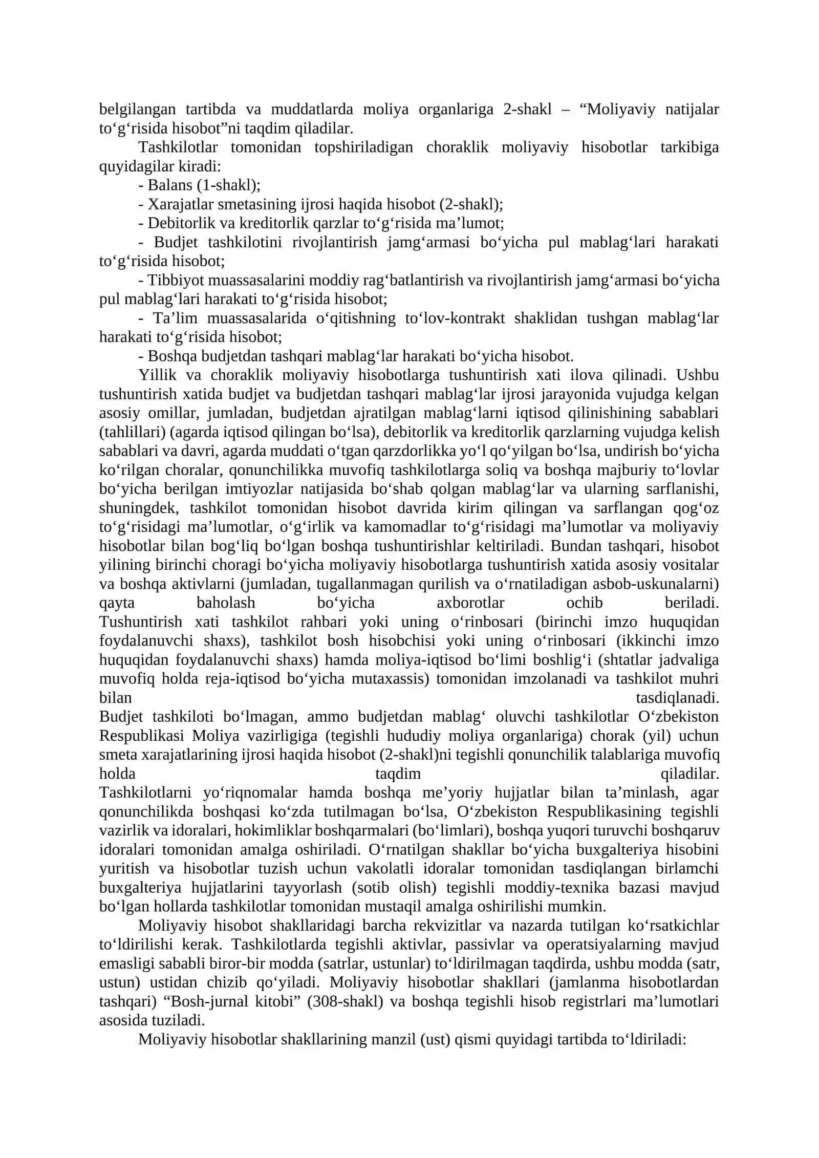 Byudjet TASHKILOTLARIDA MOLIYAVIY HISOBOTLAR, ULARNI TUZISH, TASDIQLASH HAMDA TAQDIM QILISH TARTIBI 2