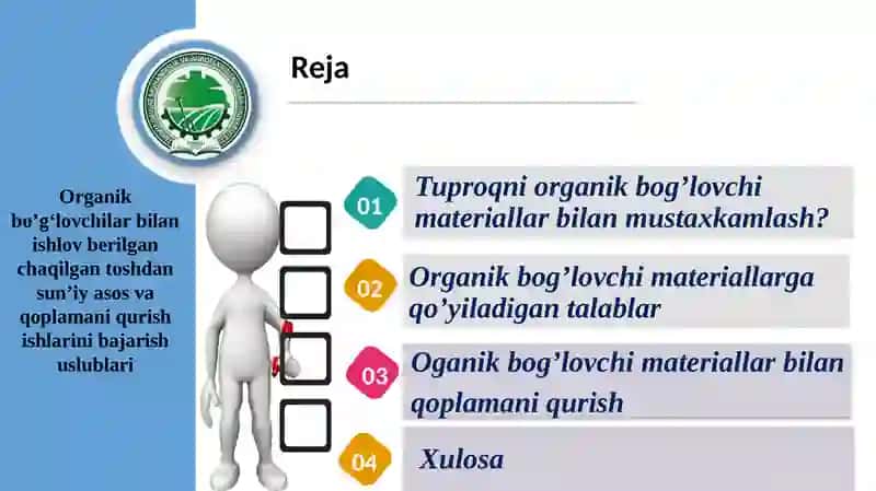 Organik bo'g'lovchilar bilan ishlov berilgan chaqilgan toshdan sun'iy asosli va qoplamani qurish ishlari 2