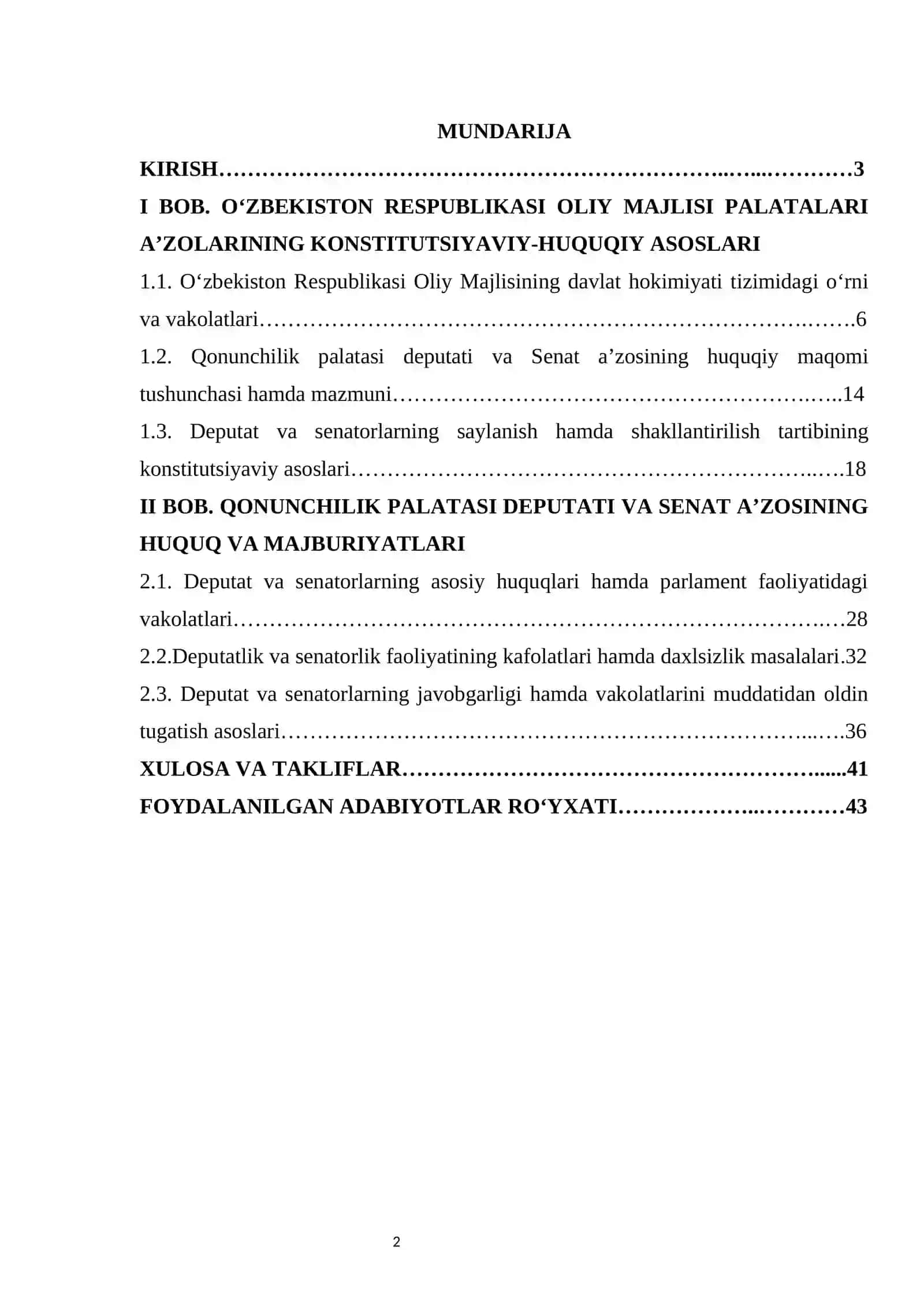 Qonunchilik palatasi deputati va Senat a’zosining konstitutsiyaviy-huquqiy maqomi kurs ishi 2