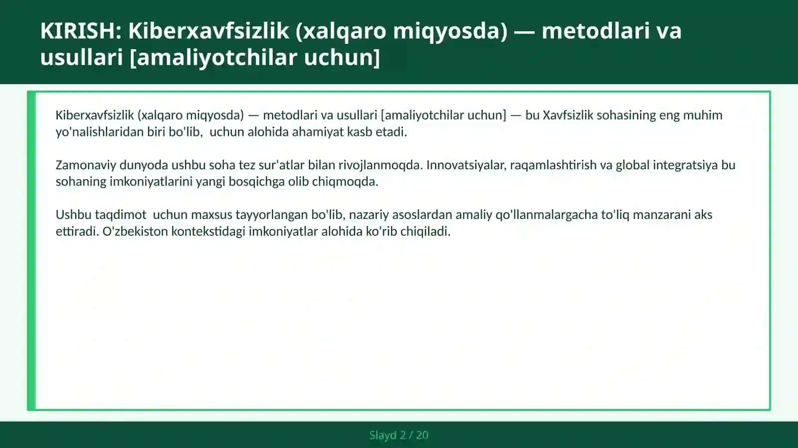 KIBERXAVFSIZLIK (XALQARO MIQYOSDA) — METODLARI VA USULLARI [AMALIYOTCHILAR UCHUN] 2