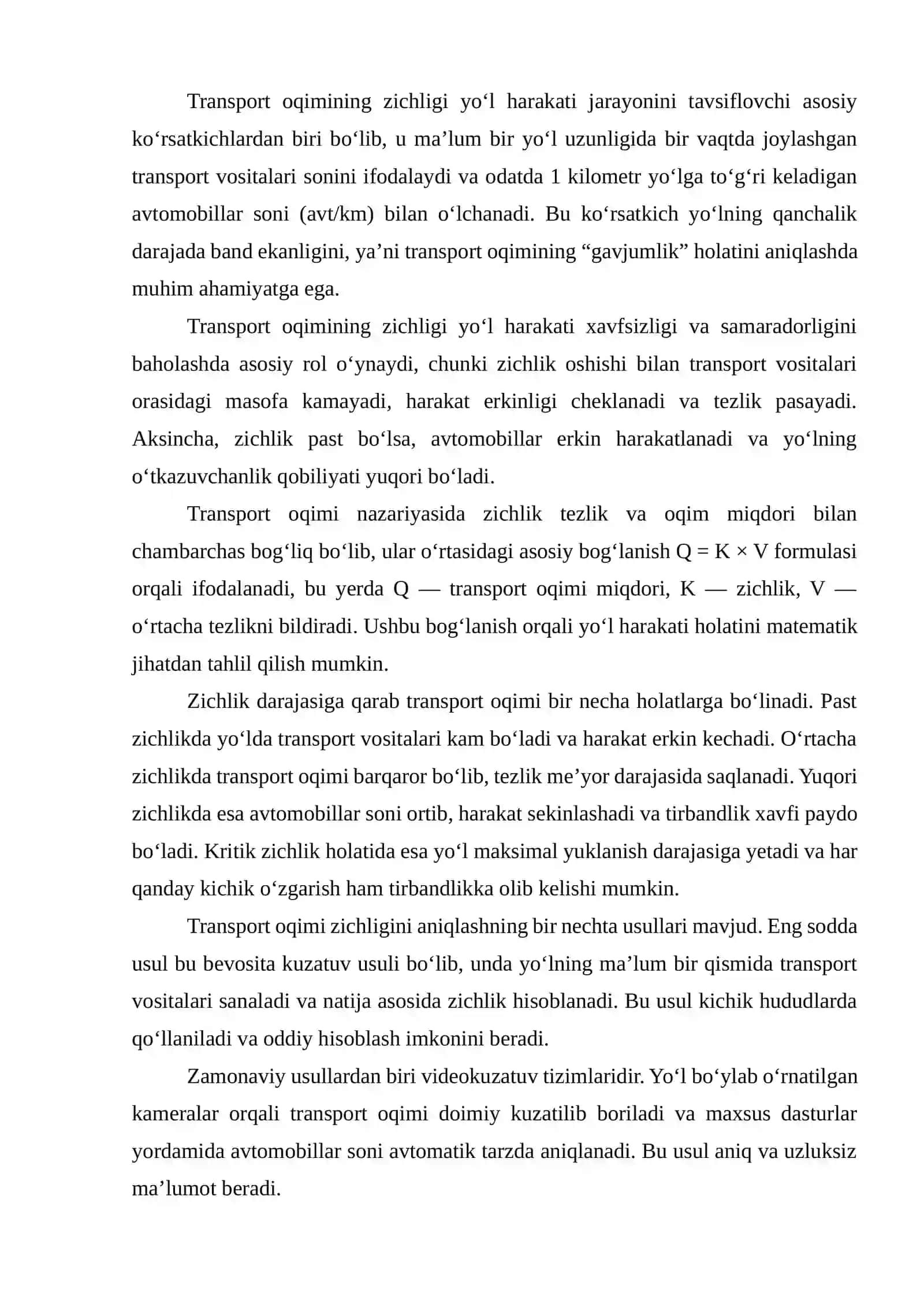 Transport oqimining zichligi, yo‘lning o‘tkazish qobiliyati va yuklanganlik darajasi ko‘rsatkichlarini baholash 2