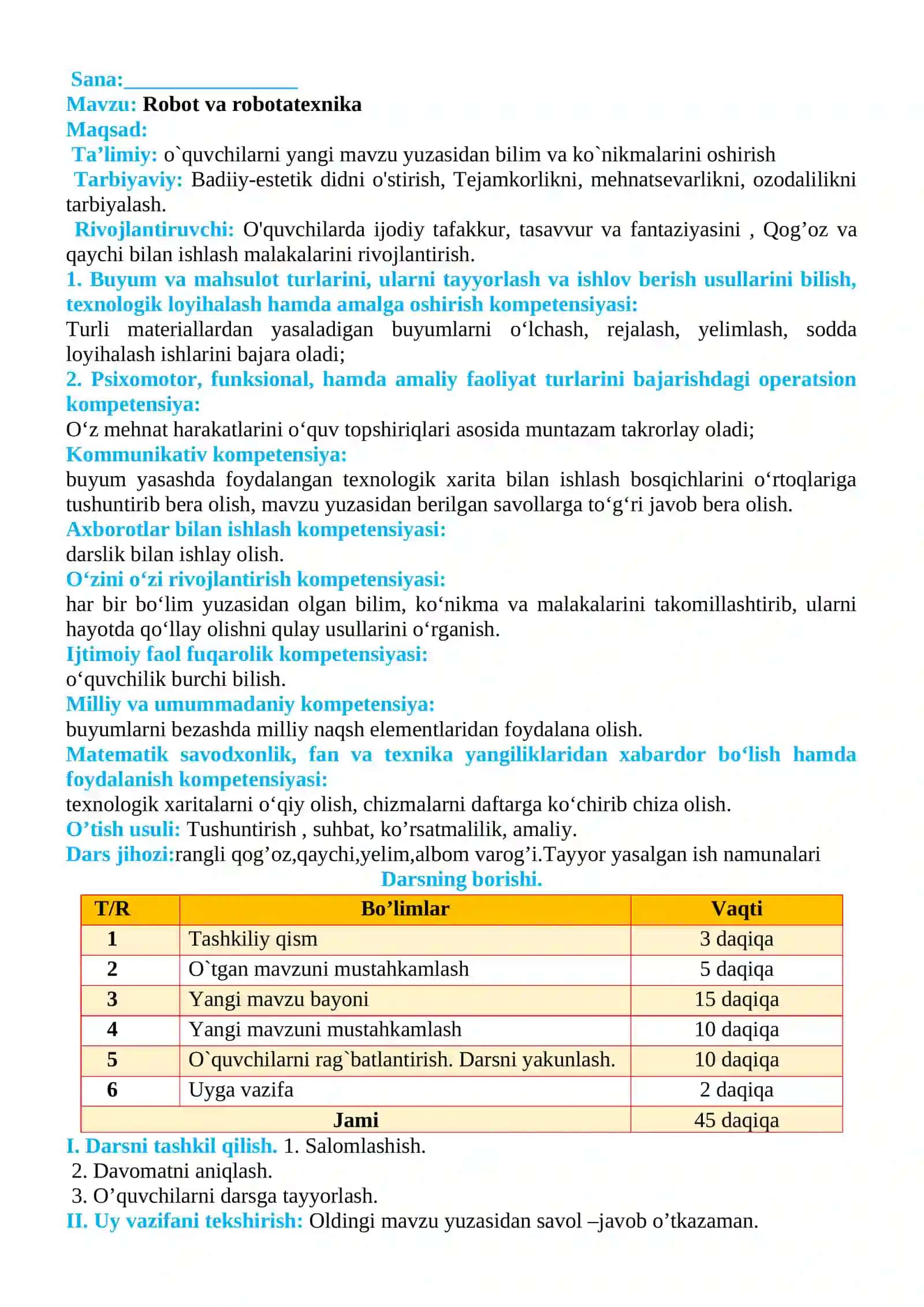 4-sinf Texnologiya fanidan Robot va robotatexnika mavzusida dars ishlanmasi 2