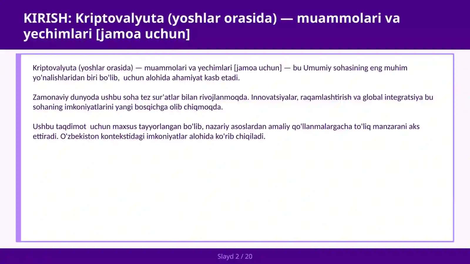 Kriptovalyuta (yoshlar orasida) — muammolari va yechimlari [jamoa uchun] 2