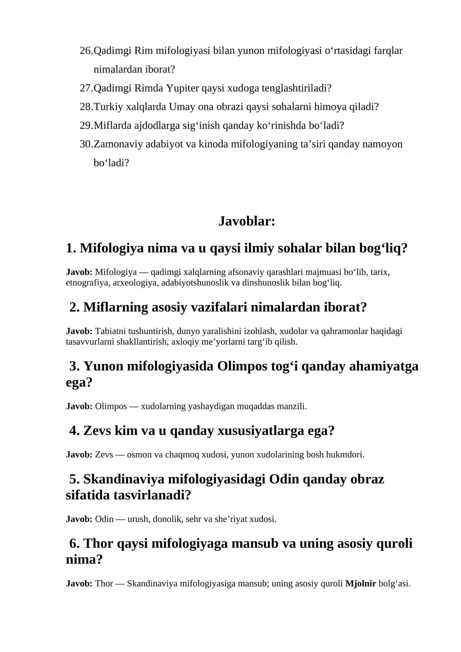 Dunyo xalqlari miflari savollar. 2