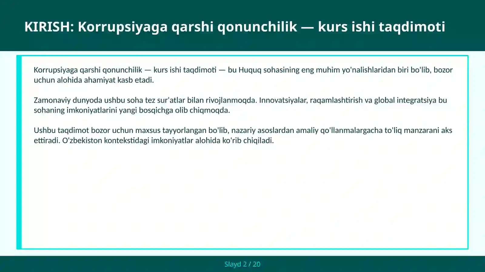 Korrupsiyaga qarshi qonunchilik — kurs ishi taqdimoti 2
