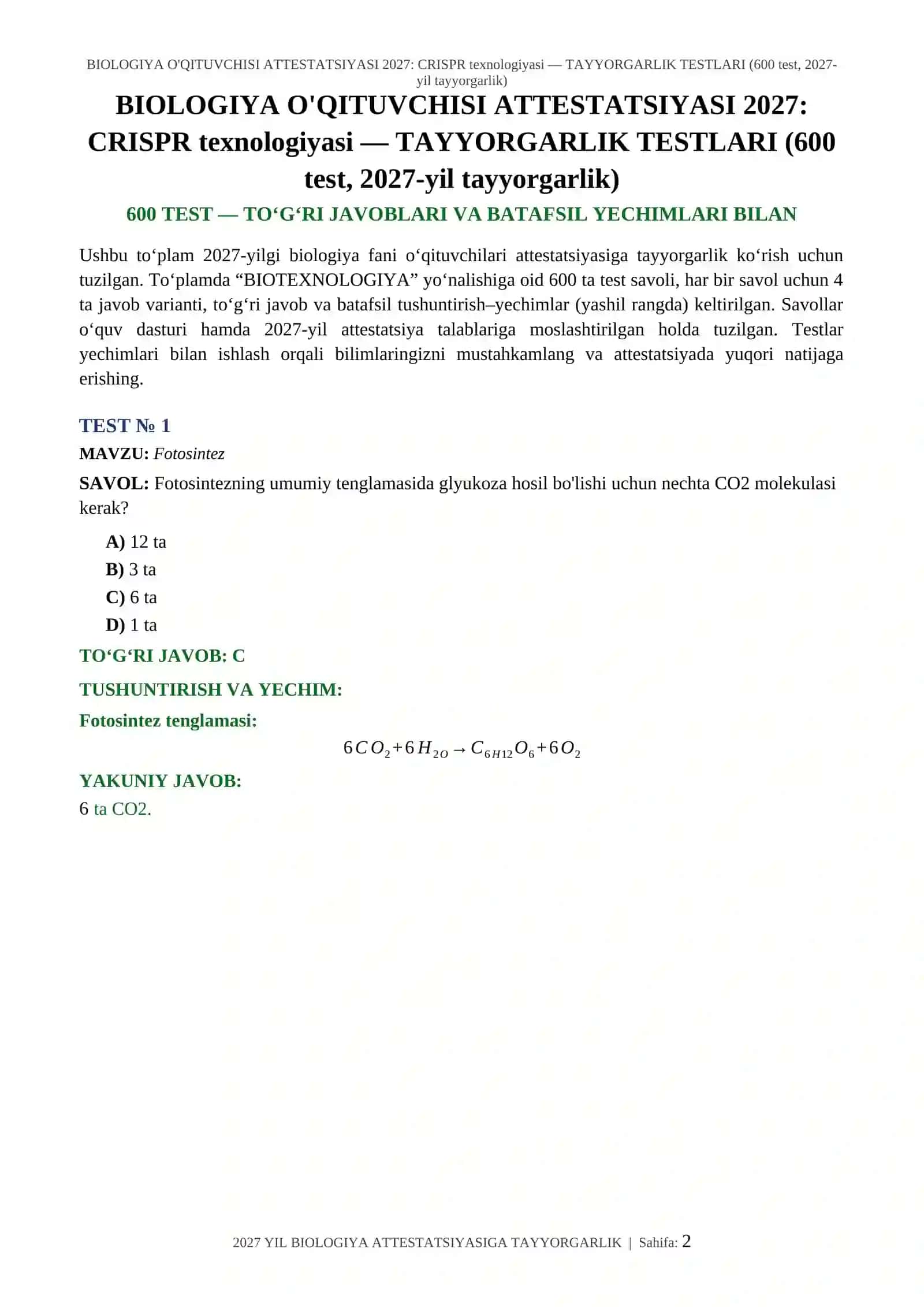 BIOLOGIYA O'QITUVCHISI ATTESTATSIYASI 2027: CRISPR texnologiyasi — TAYYORGARLIK TESTLARI (600 test, 2027-yil tayyorgarlik) 2