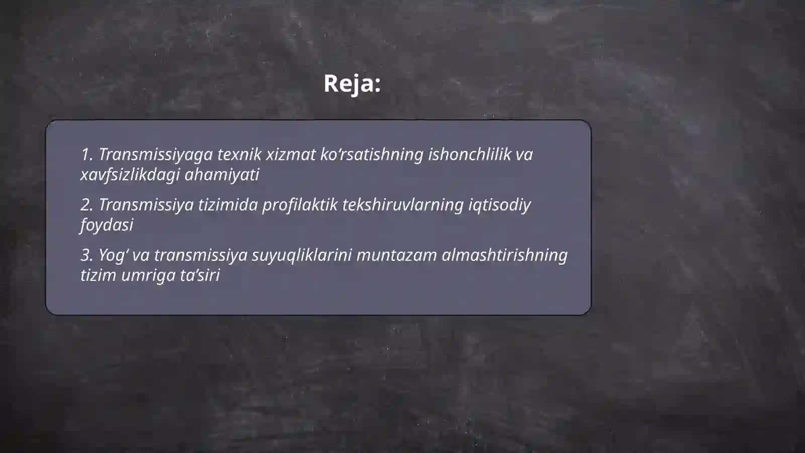 Transmissiyaga texnik xizmat kursatishning ishonchlilik va xavfsizlikdagi ahamiyati 2