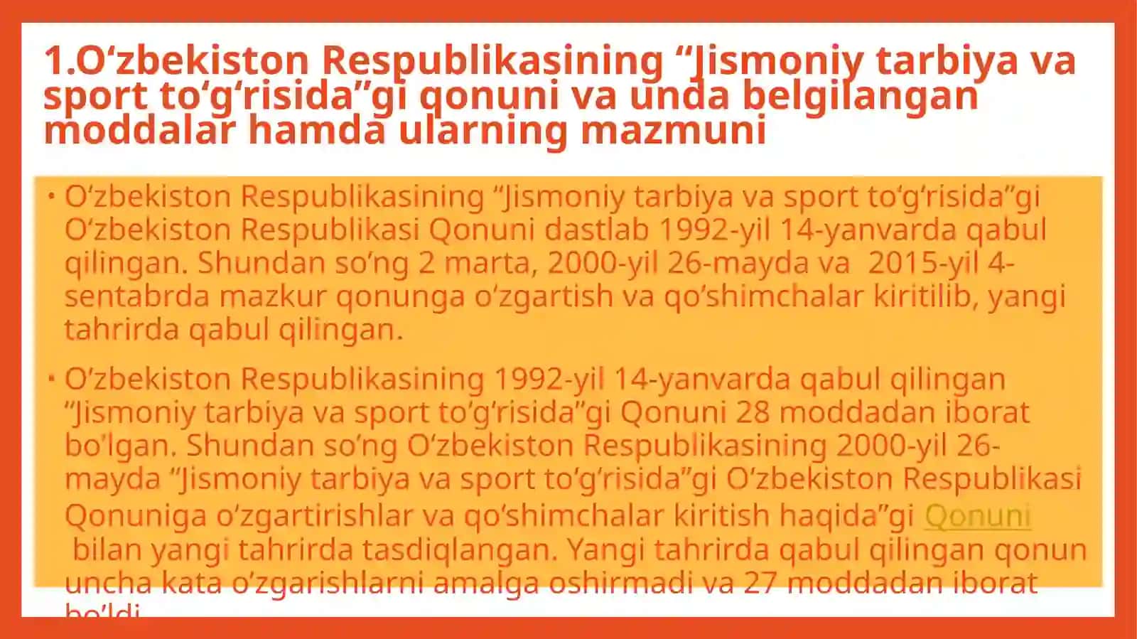 O‘zbekiston Respublikasi hukumatining jismoniy madaniyat va sport bo‘yicha qabul qilgan hujjatlarining ahamiyati 2