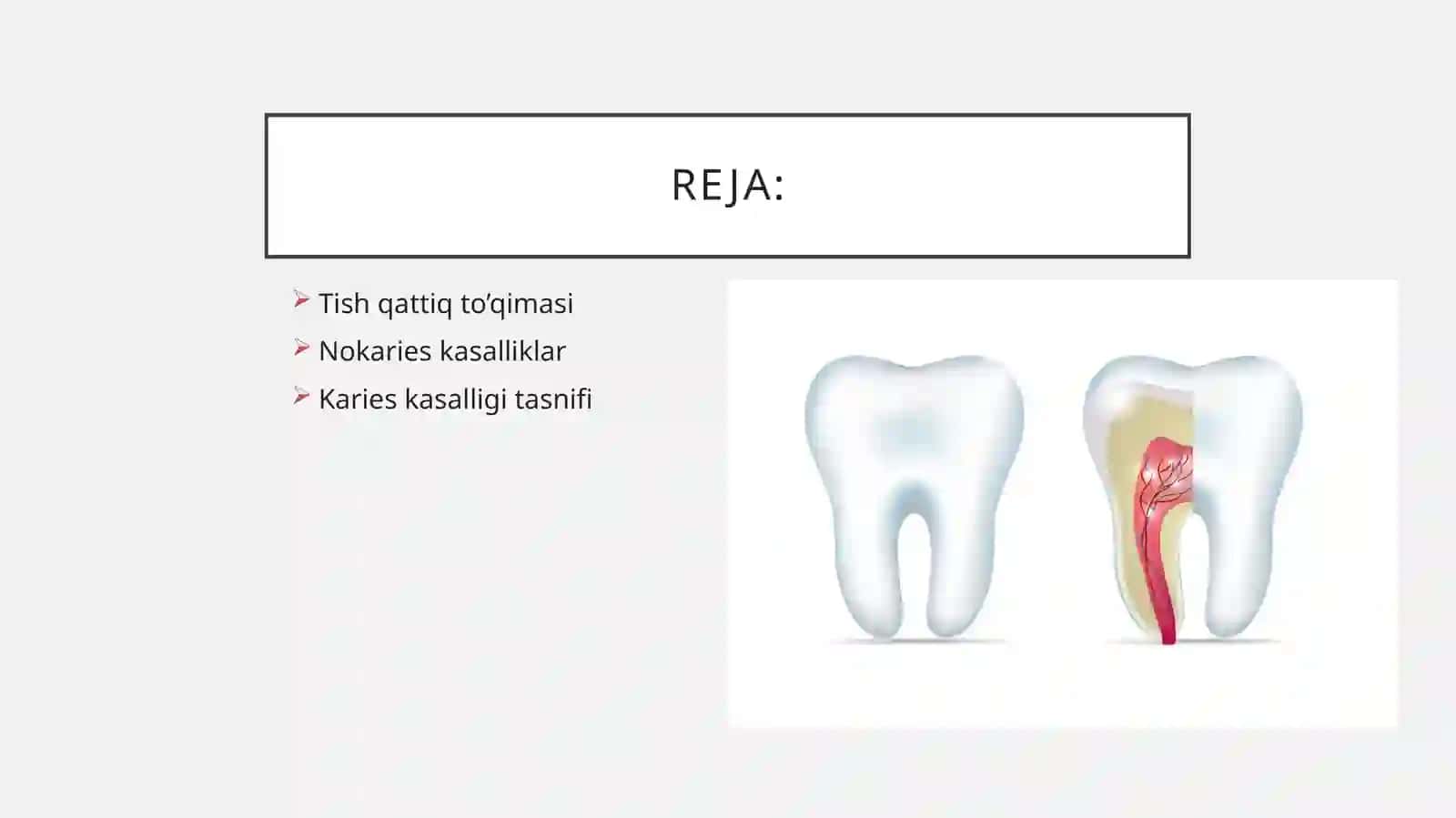 Tish qattiq to’qimasi tuzilishi, tarkibi, xususiyatlari va vazifalari. Karies va nokaries kasalliklari tasnifi, klinik belgilari. Kariesning patologik anatomiyasi. 2