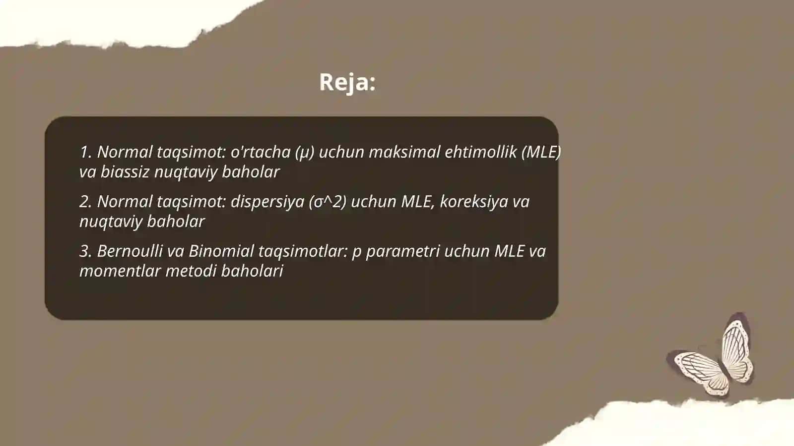 Ba'za muhim taqsimotlar parametrlar uchun nuqtaviy baholar 2