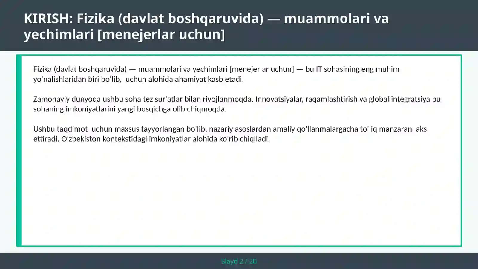 FIZIKA (DAVLAT BOSHQARUVIDA) — MUAMMOLARI VA YECHIMLARI [MENEJERLAR UCHUN] 2