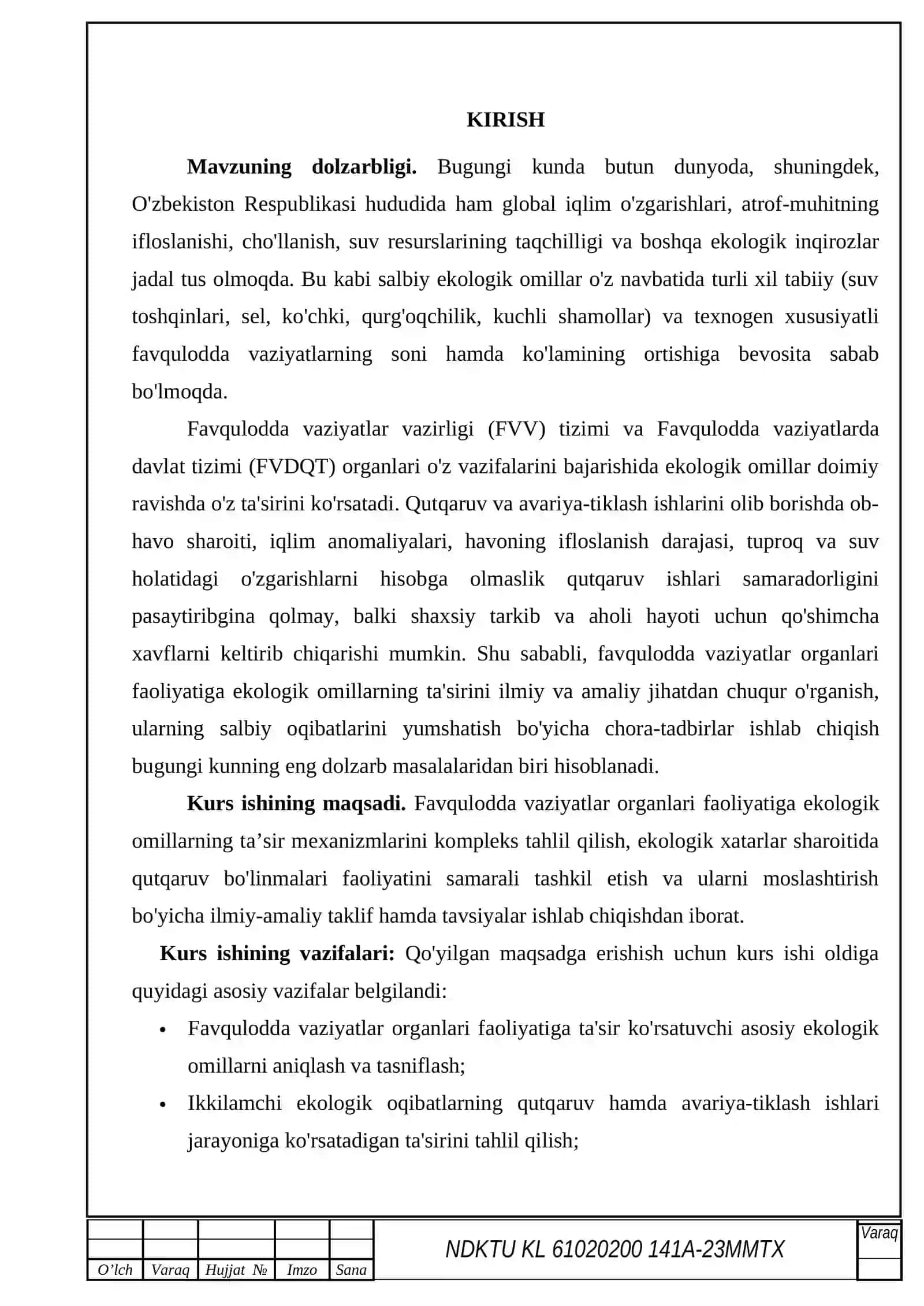 FAVQULODDA VAZIYATLAR ORGANLARI FAOLIYATIDA EKOLOGIK XAVFLARNI AMALIY BAHOLASH (kurs ishi)3-4-5kurs 2