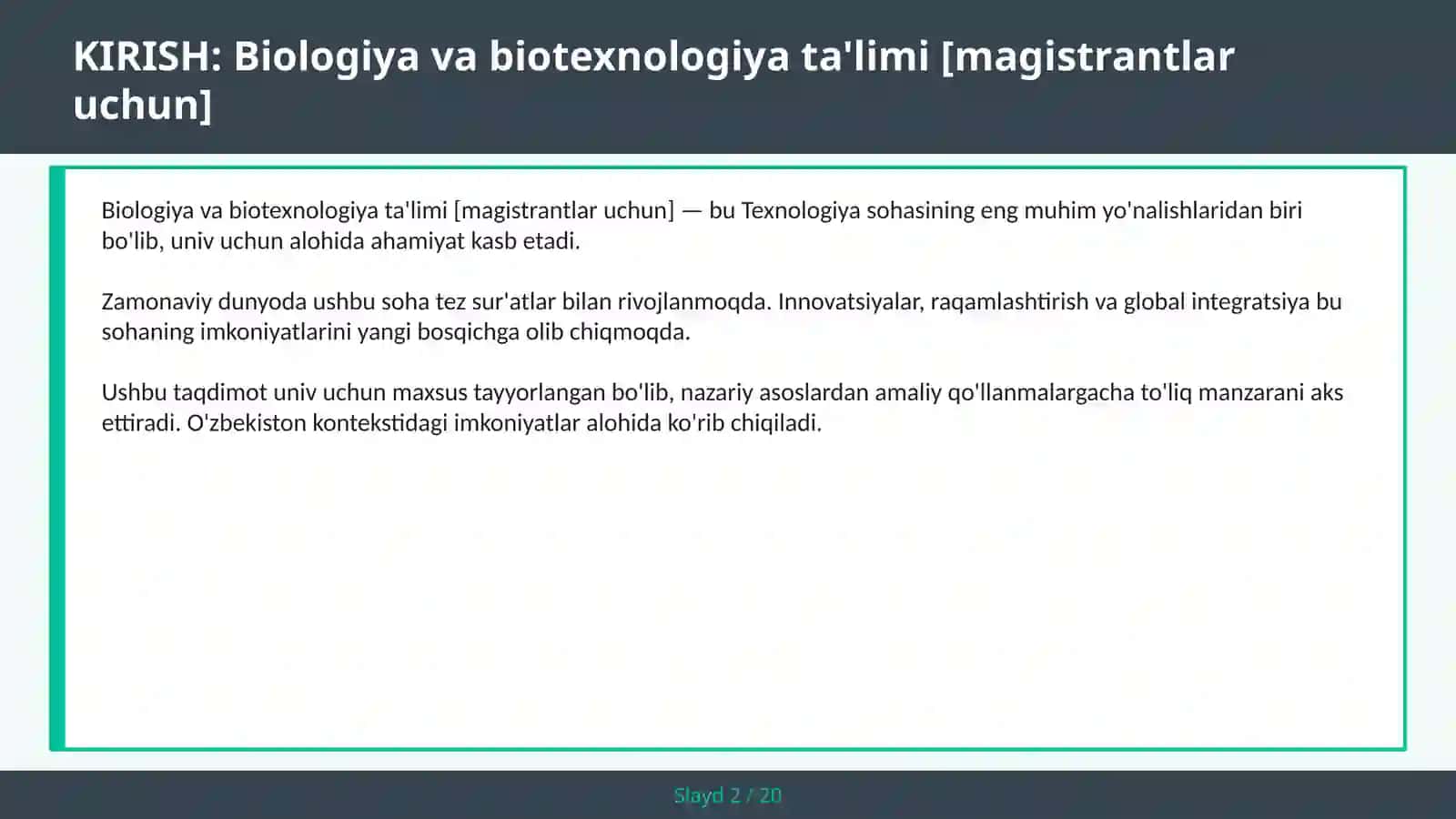 Biologiya va biotexnologiya ta'limi [magistrantlar uchun] 2