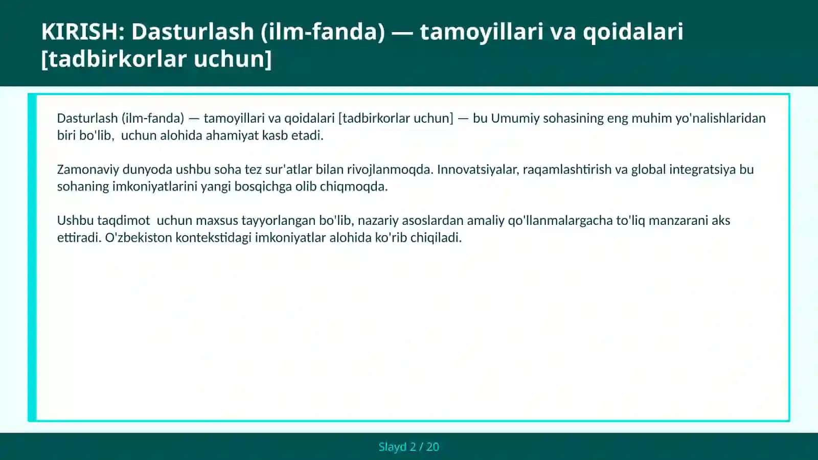 Dasturlash (ilm-fanda) — tamoyillari va qoidalari [tadbirkorlar uchun] 2