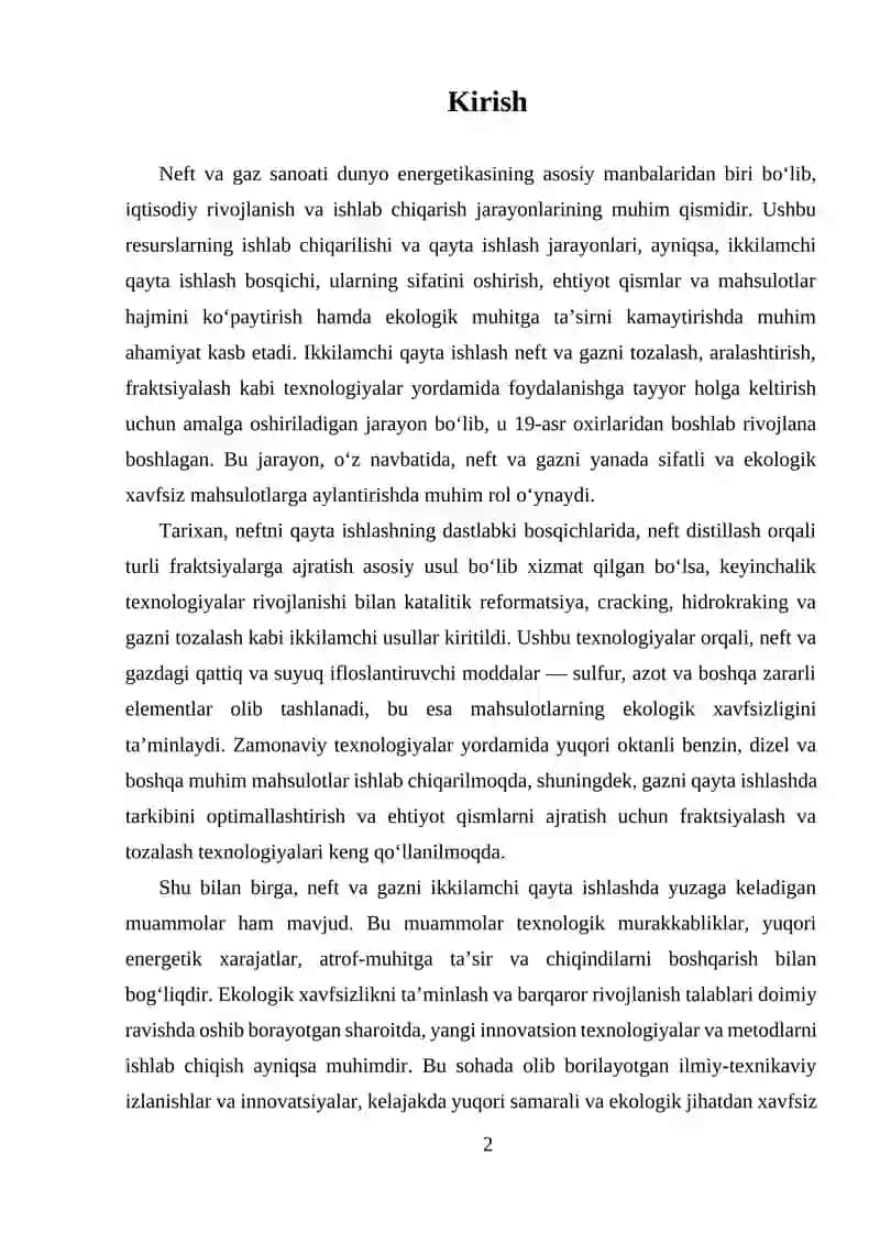 Neft va gazni ikkilamchi qayta ishlashning asosiy texnologiyalari va prinsiplari 2