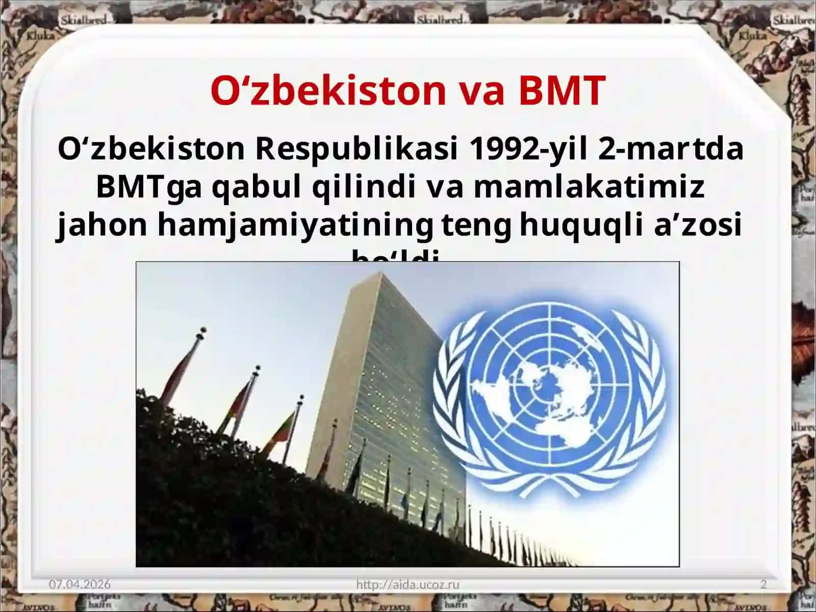 O‘zbekistonning Birlashgan Millatlar Tashkilotidoirasidagifaoliyativatinchlikparvartashqisiyosati 11-sinf O’zbekistontarixifanidarsligiasosida21-mavzu 2
