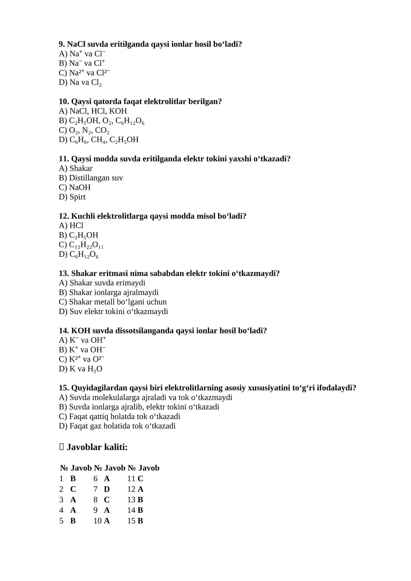 Elektrolitlar va noelektrolitlar mavzusida 15 ta test 2