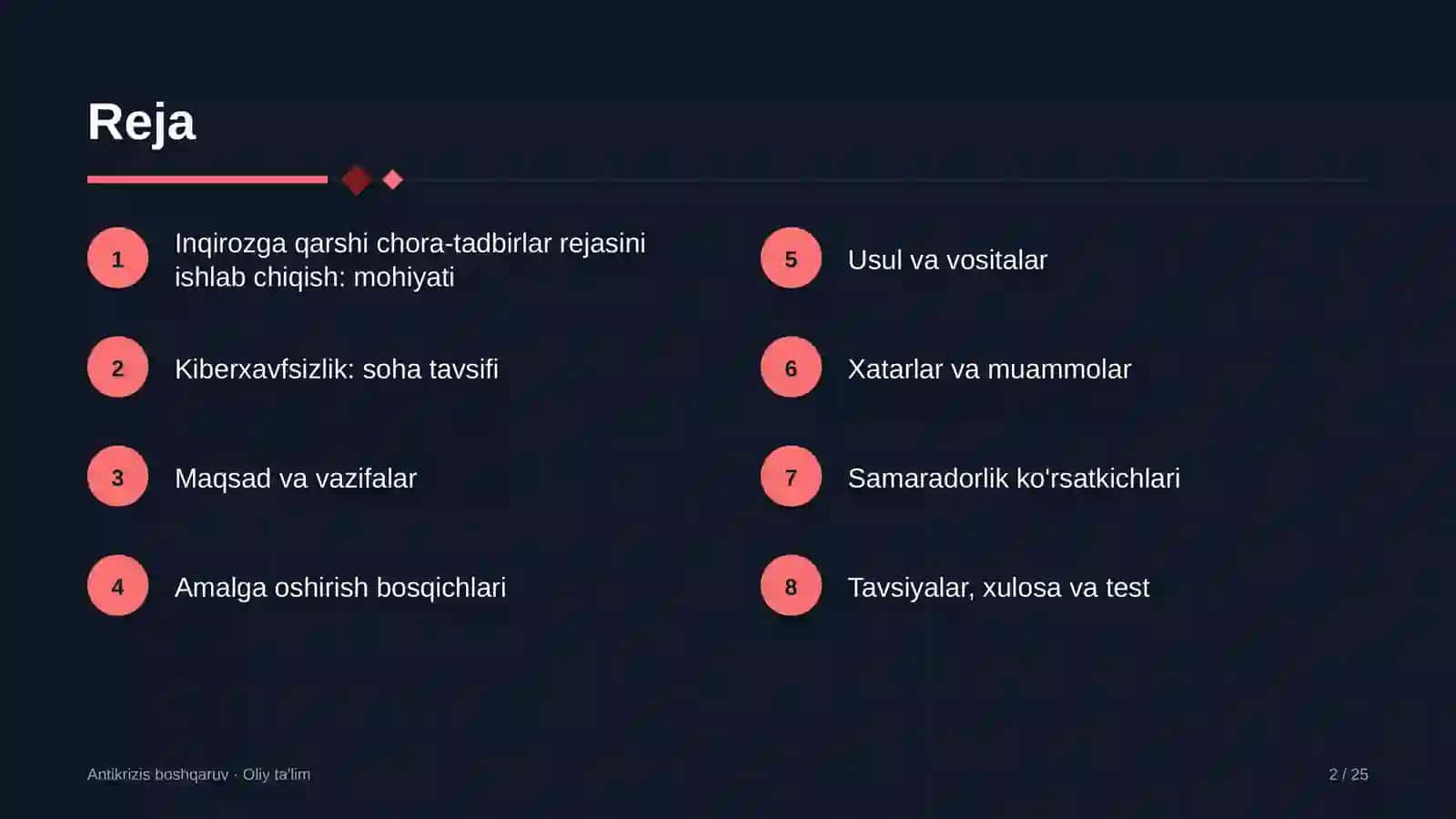 Kiberxavfsizlik sohasida inqirozga qarshi chora-tadbirlar rejasini ishlab chiqish 2