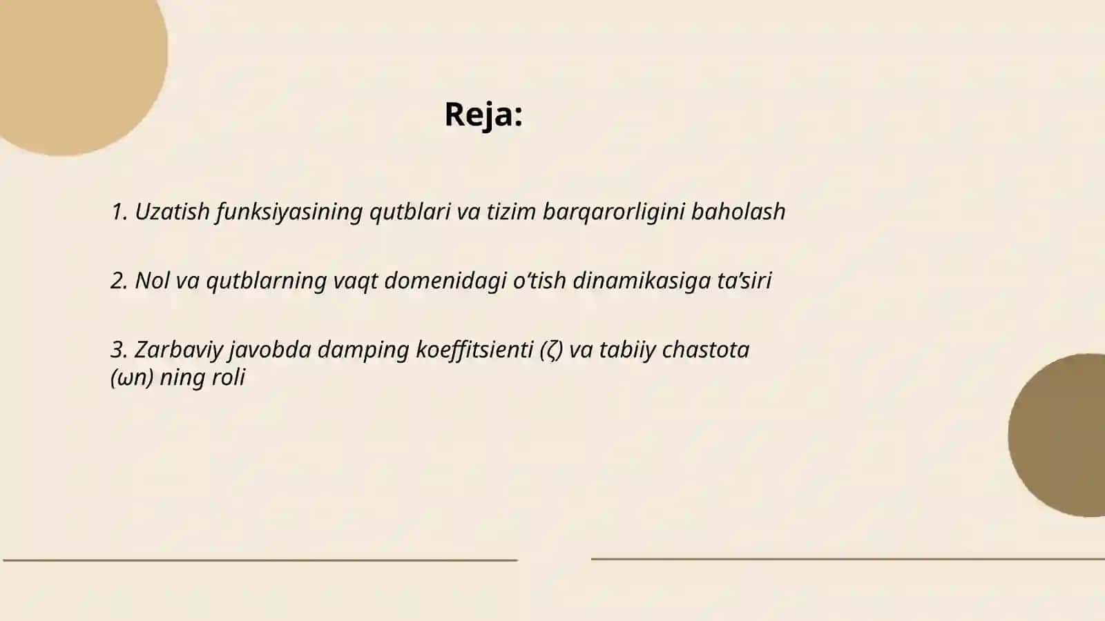 Aftomatik boshqarish nazariyasi Uzatish funksyasining parametrlariga ko'ra tizim sifati ko'rsatkichlarini baxolash 2