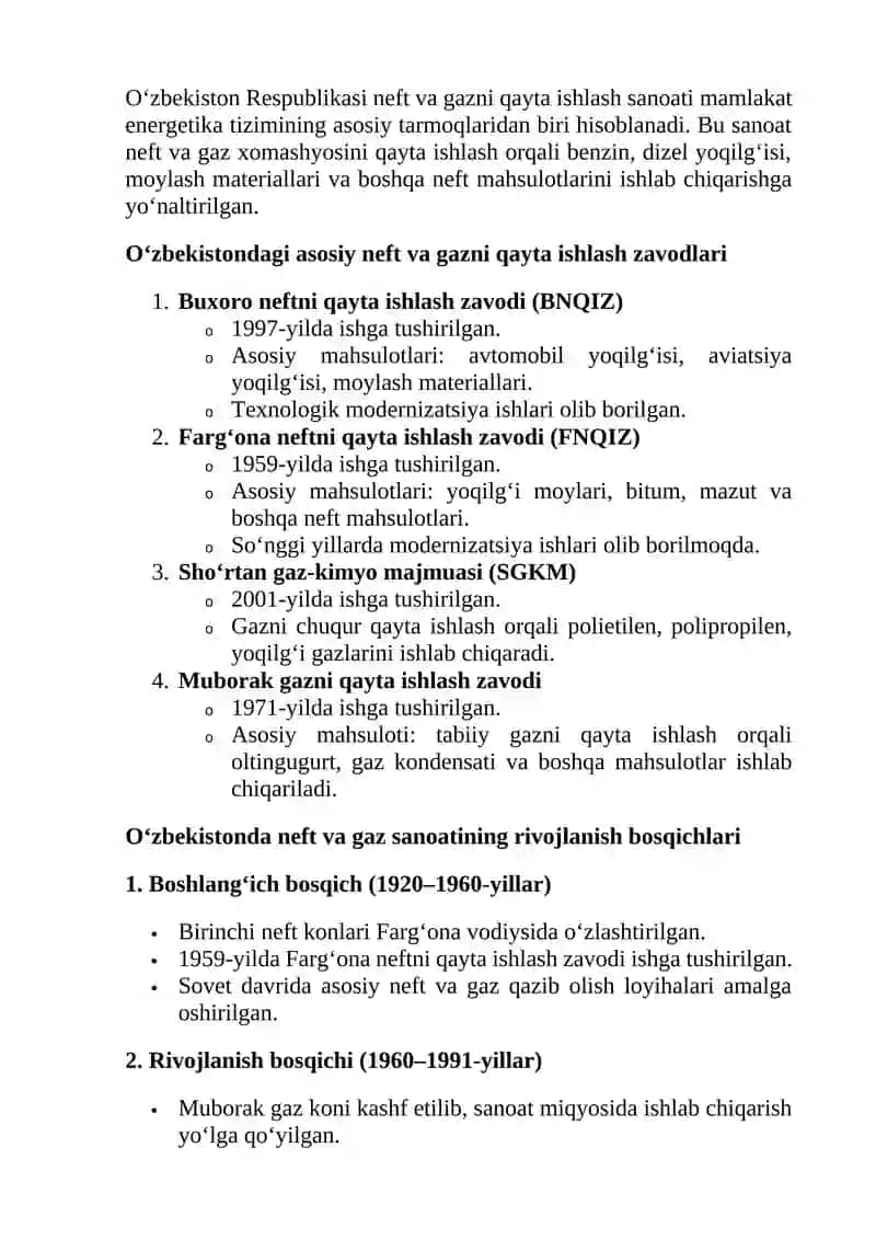 Respublikamizdagi neft va gazni qayta ishlash sanoat korxonalari, ularning rivojlanish bosqichlari 2
