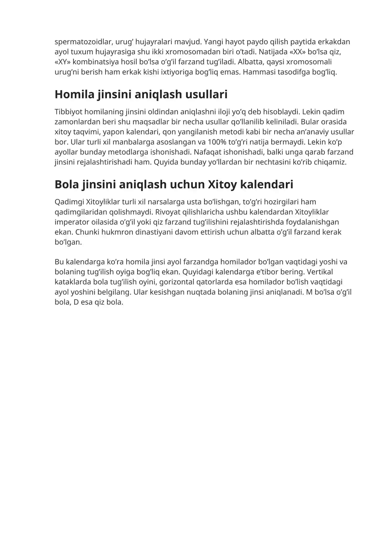 Homila jinsini aniqlash kalendari 2