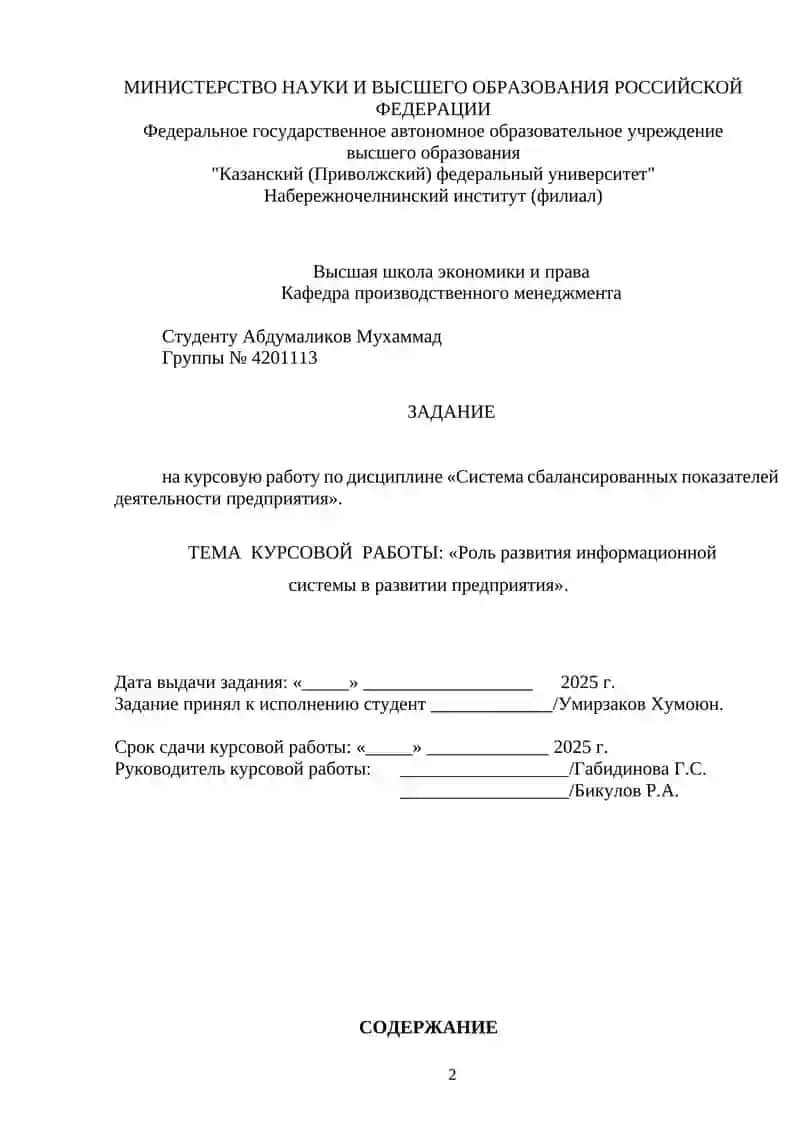 КУРСОВАЯ РАБОТА по дисциплине «Система сбалансированных показателей деятельности предприятия» на тему:: «Роль развития информационной системы в развитии предприятия» 2