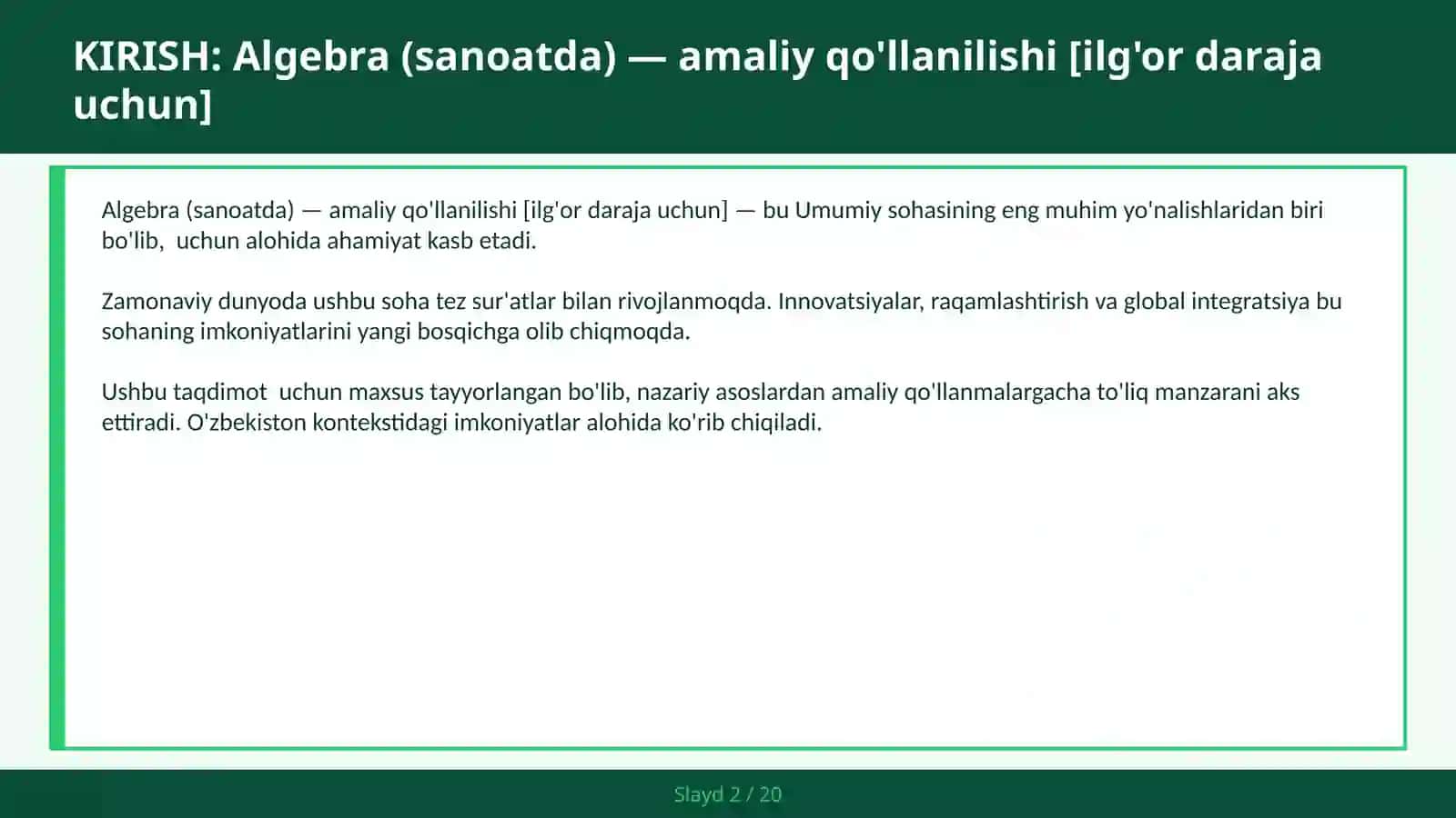 Algebra (sanoatda) — amaliy qo'llanilishi [ilg'or daraja uchun] 2