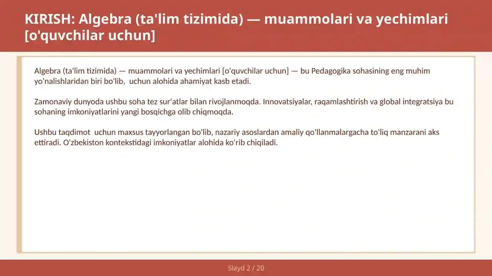 Algebra (TA'LIM TIZIMIDA) — MUAMMOLARI VA YECHIMLARI [O'QUVCHILAR UCHUN] 2
