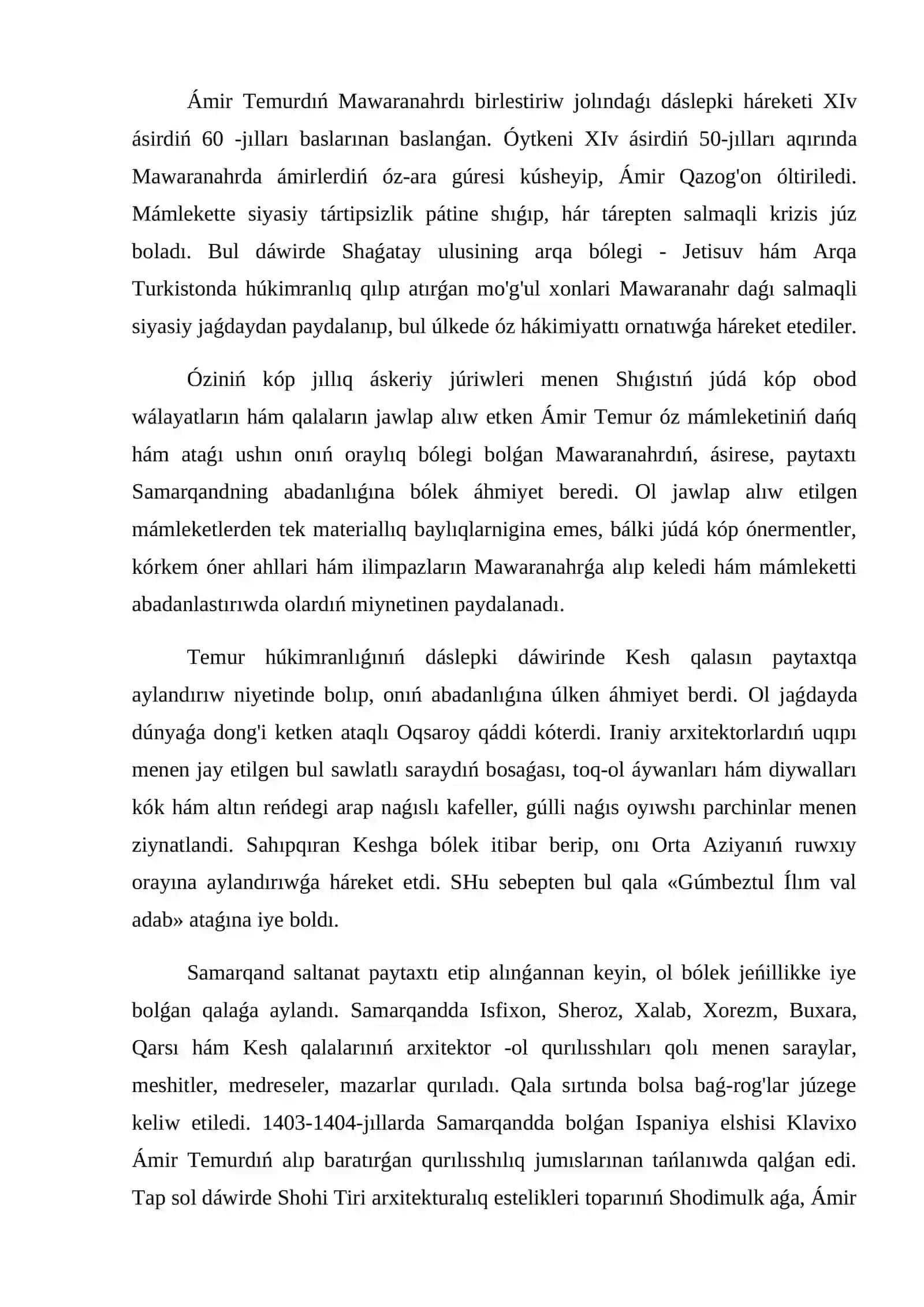 Mawaranahrda Ámir Temur tárepinen oraylasqan mámleket júzege keltiriliwi jáne onıń pán, mádeniyat hám bilim rawajlanıwına qosqan úlesi 2