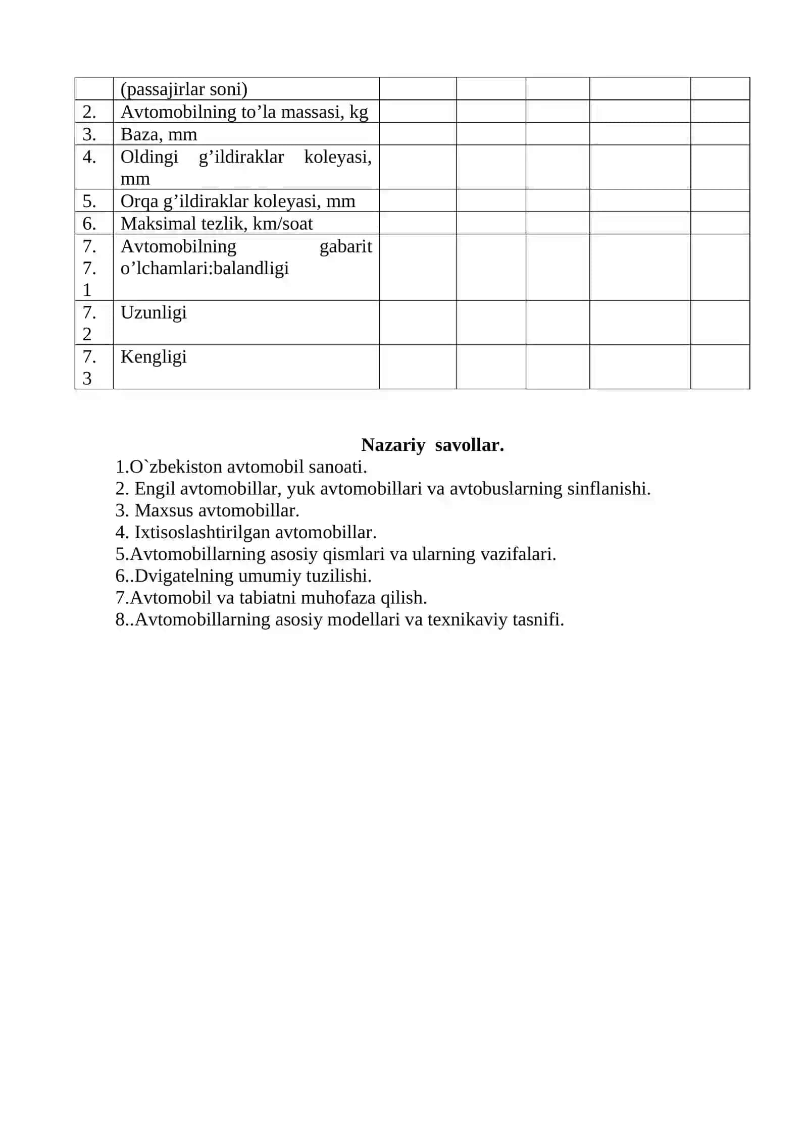 Laboratoriya ishi. Avtomobilning umumiy tuzilishi 2