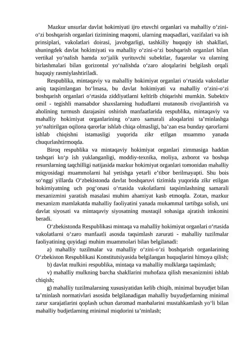 Oʻzbekistonning Respublikasi, mintaqa va mahalliy boshqaruv organlari o’rtasidagi vakolatlarni taqsimlash mexanizmi 2
