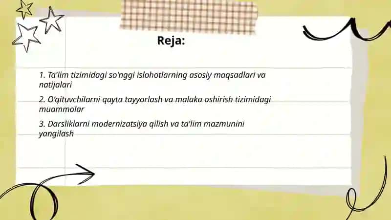 Ta'lim tizimidagi islohatlar, yutuqlar, muammolar va istiqbolli rejalar 2