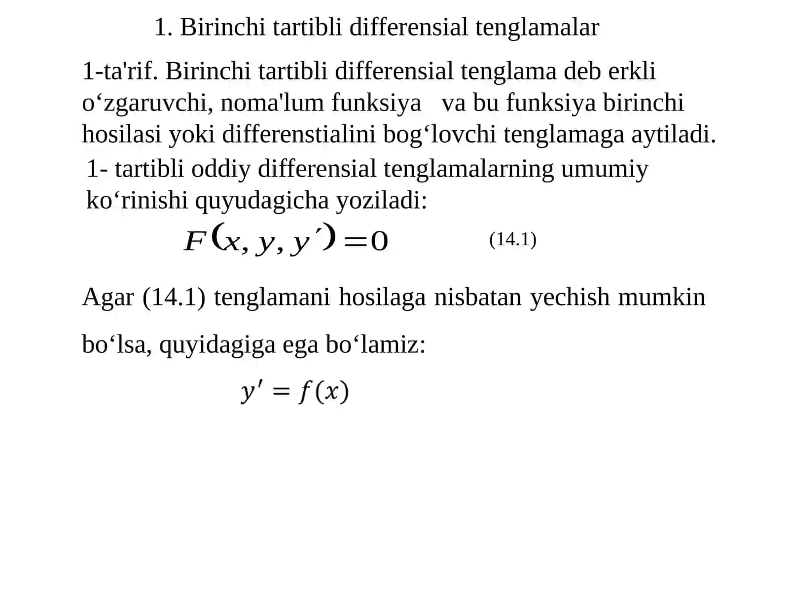 14-Maruza. Birinchi tartibli differensial tenglamalar 2