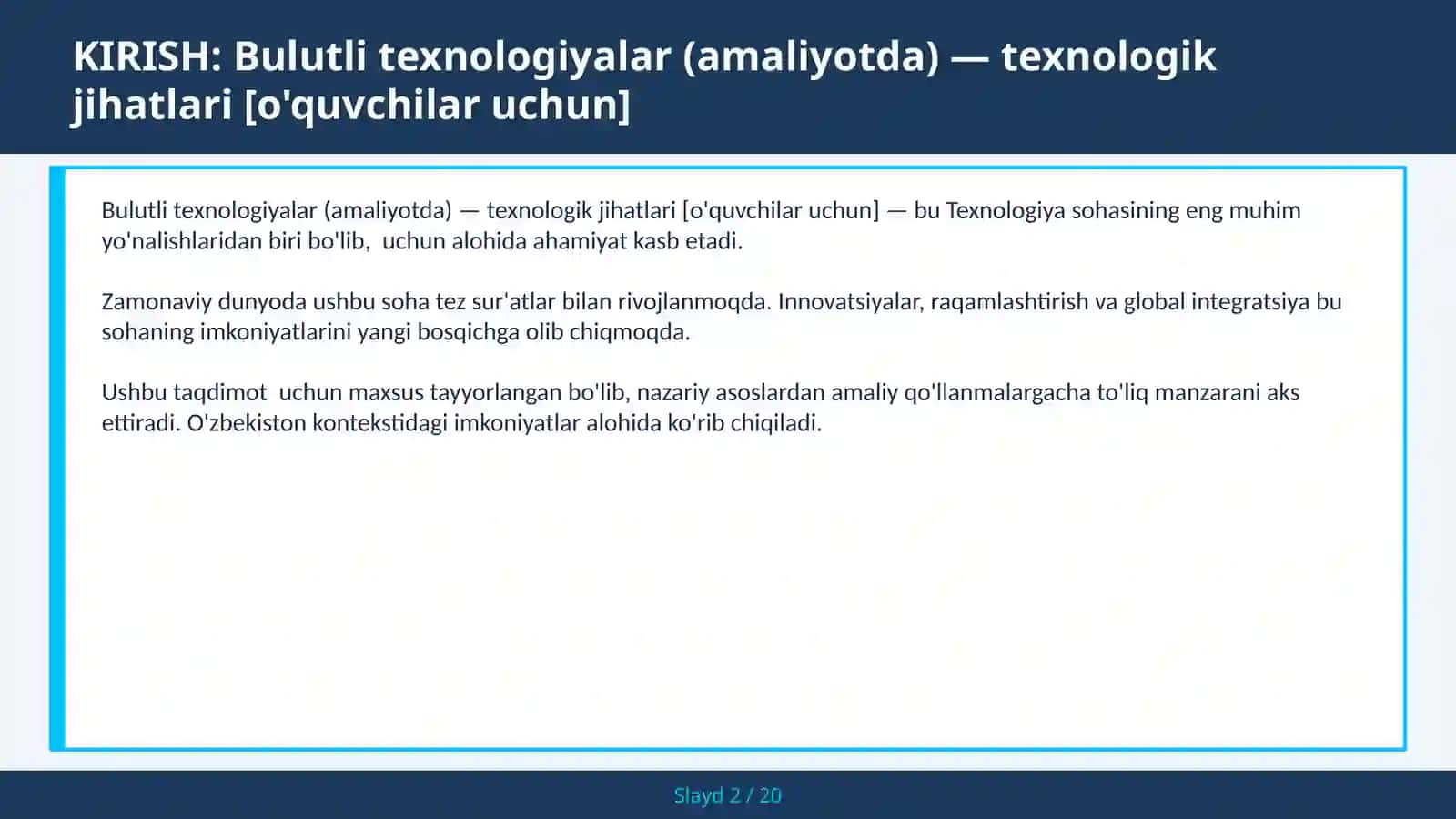 Bulutli texnologiyalar (amaliyotda) — texnologik jihatlari [o'quvchilar uchun] 2