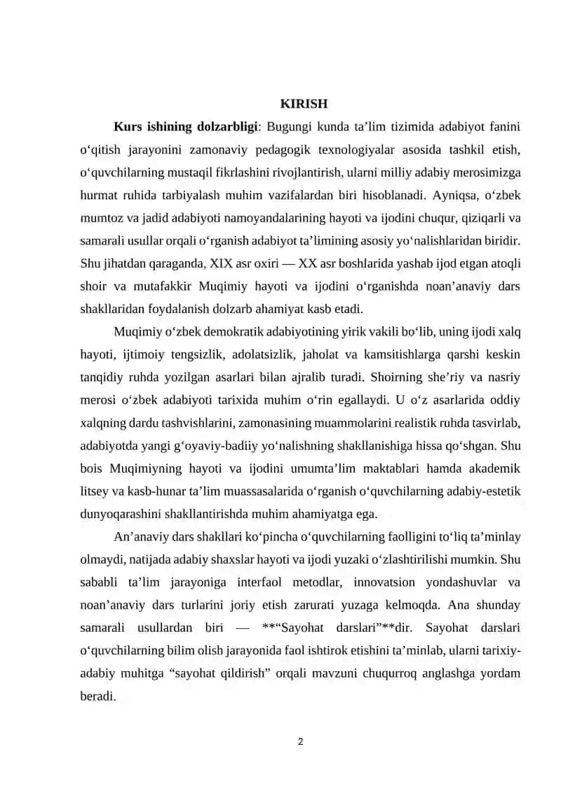 Muqimiy hayoti va ijodini o‘rganishda “Sayohat darslari”ni tashkil etish 2