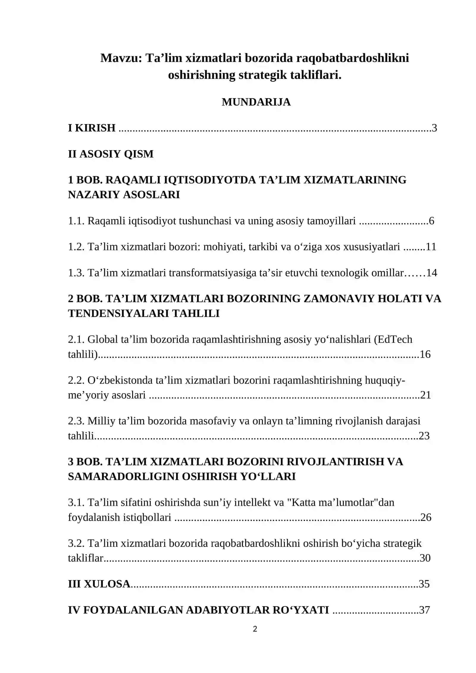 Ta’lim xizmatlari bozorida raqobatbardoshlikni oshirish bo‘yicha strategik takliflar 2