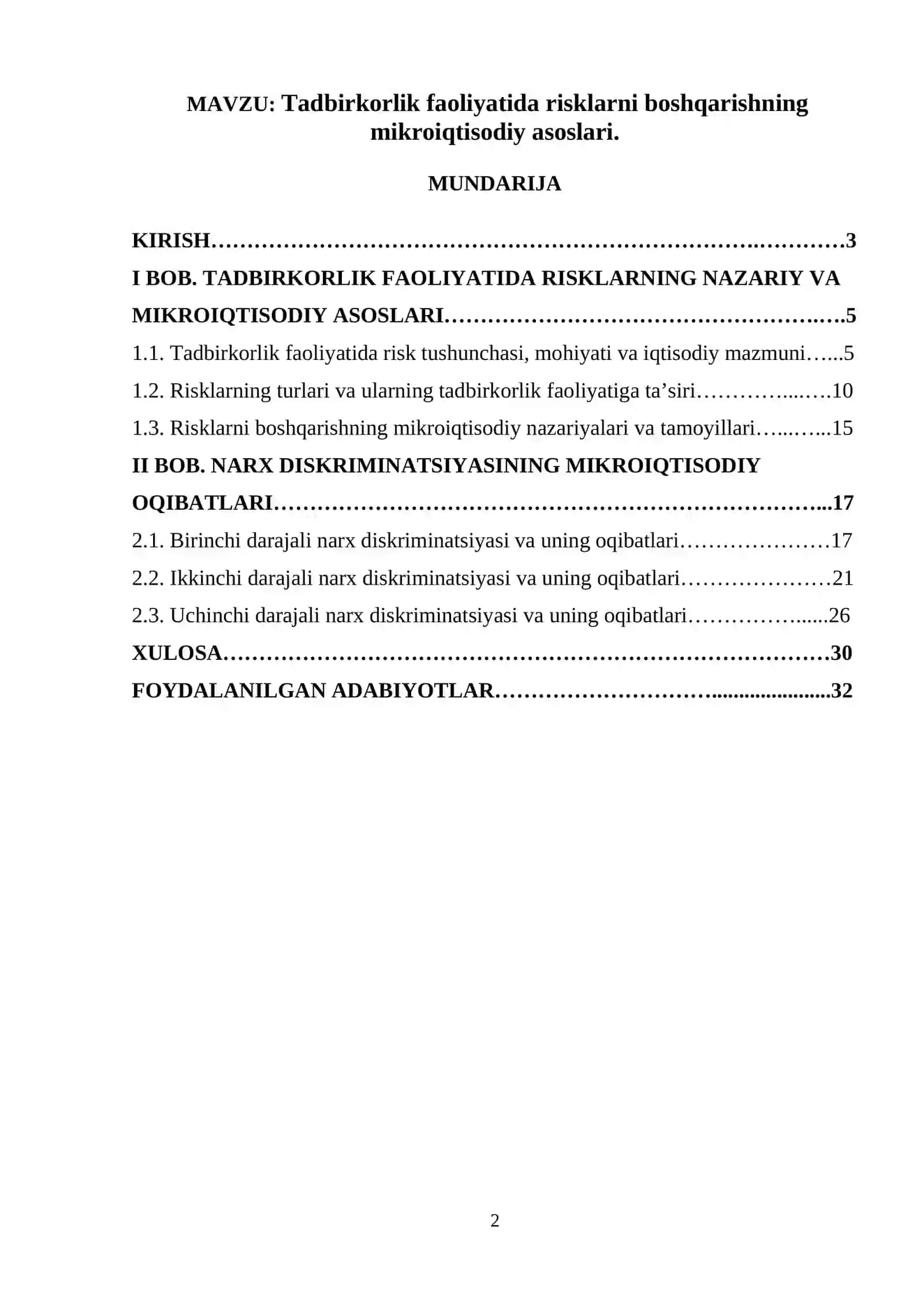 Tadbirkorlik faoliyatida risklarni boshqarishning mikroiqtisodiy asoslari 2