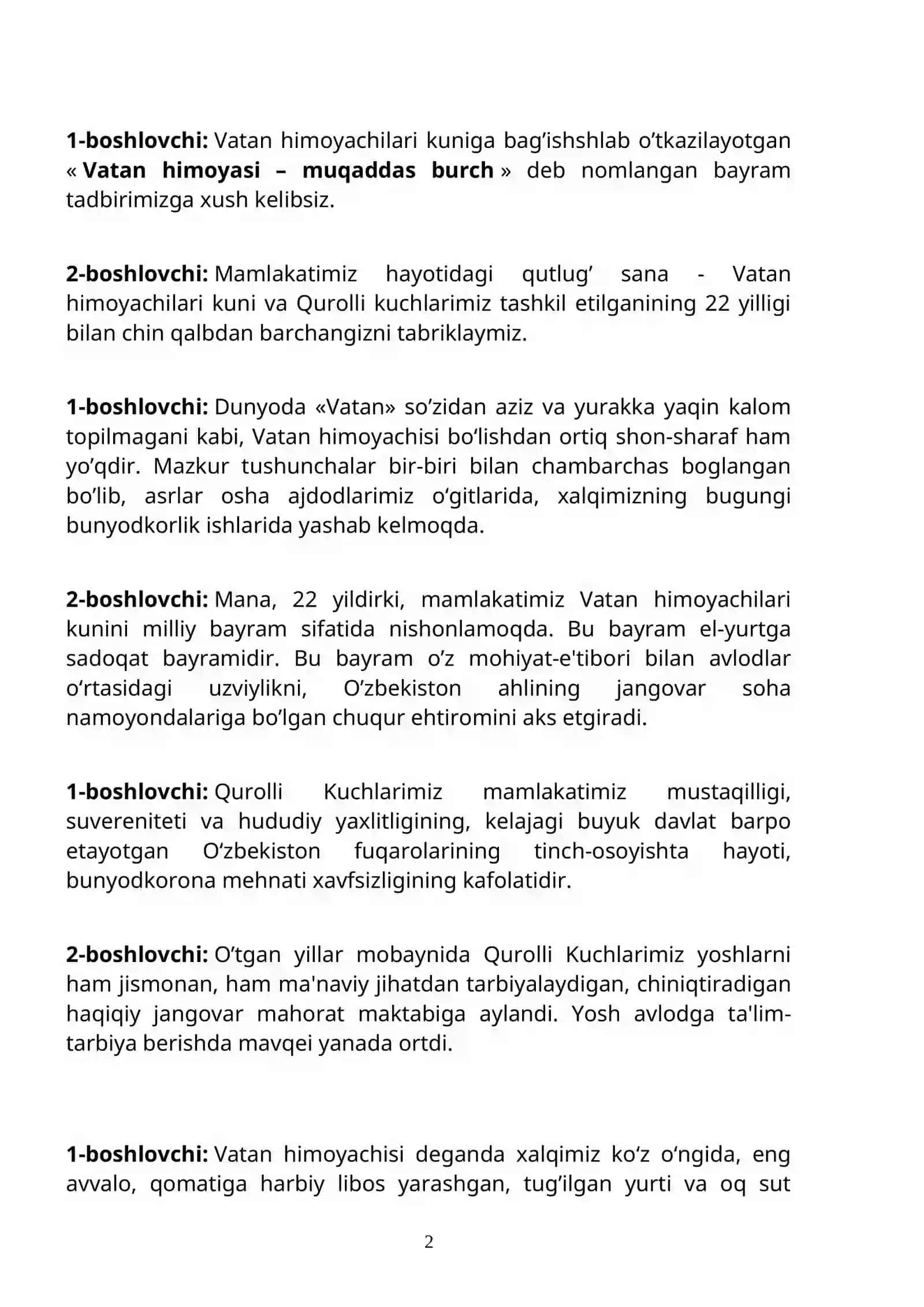 «Vatan himoyasi – muqaddas burch» bayram tadbiri ssenariysi 2
