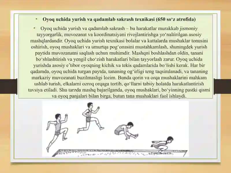 Oyoq uchida yurish va qadamlab sakrash texnikasi 2