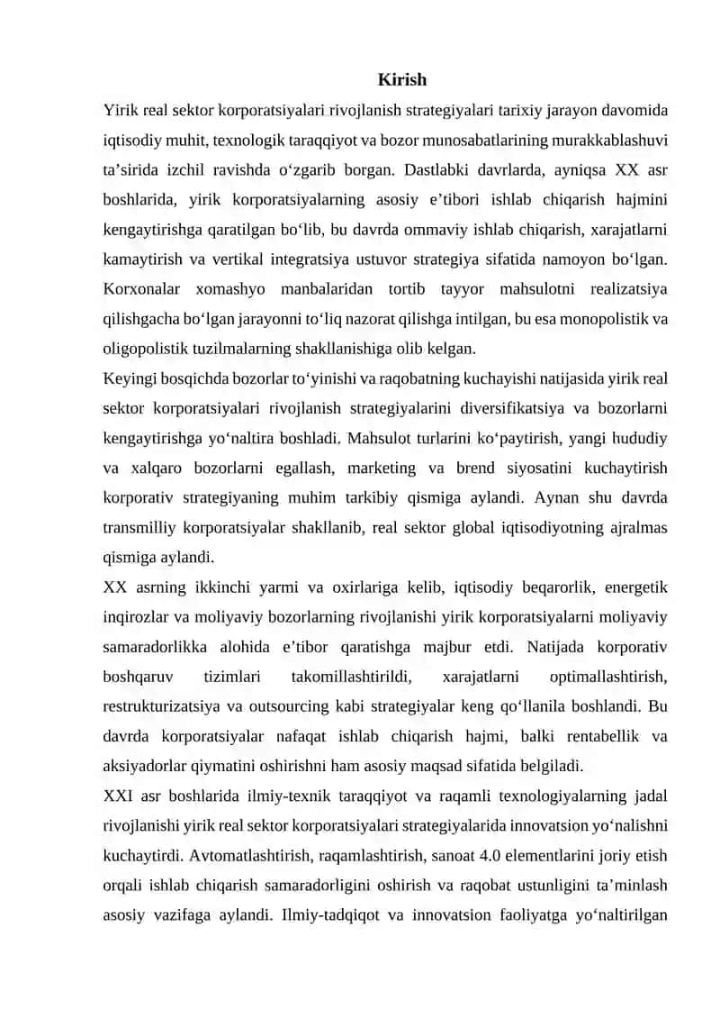 Yirik real sektor korporatsiyalari rivojlanish strategiyalari 2