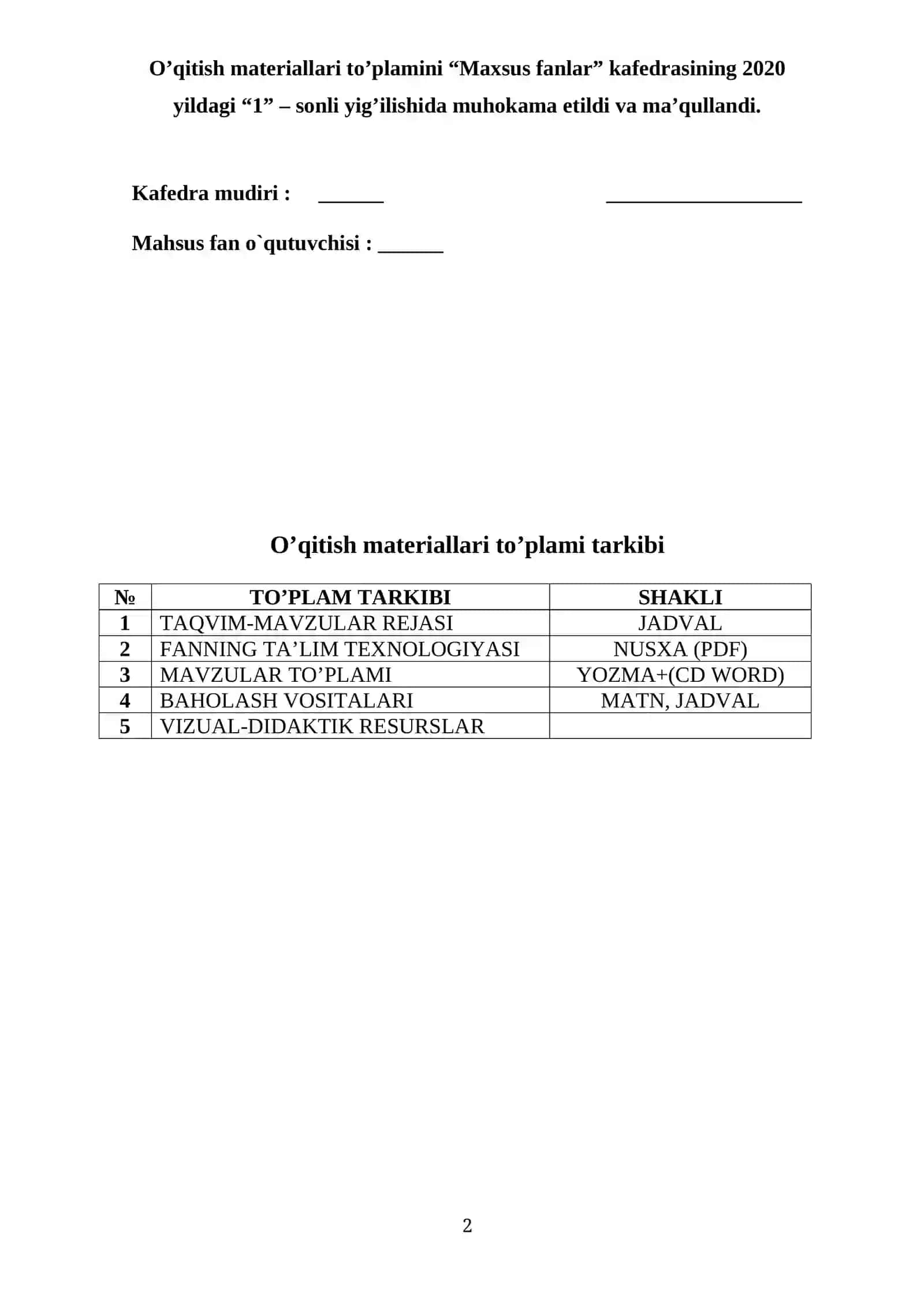 MEHNAT MUHOFAZASI FANIDAN O’QITISH MATERIALLAR TO’PLAMI 2