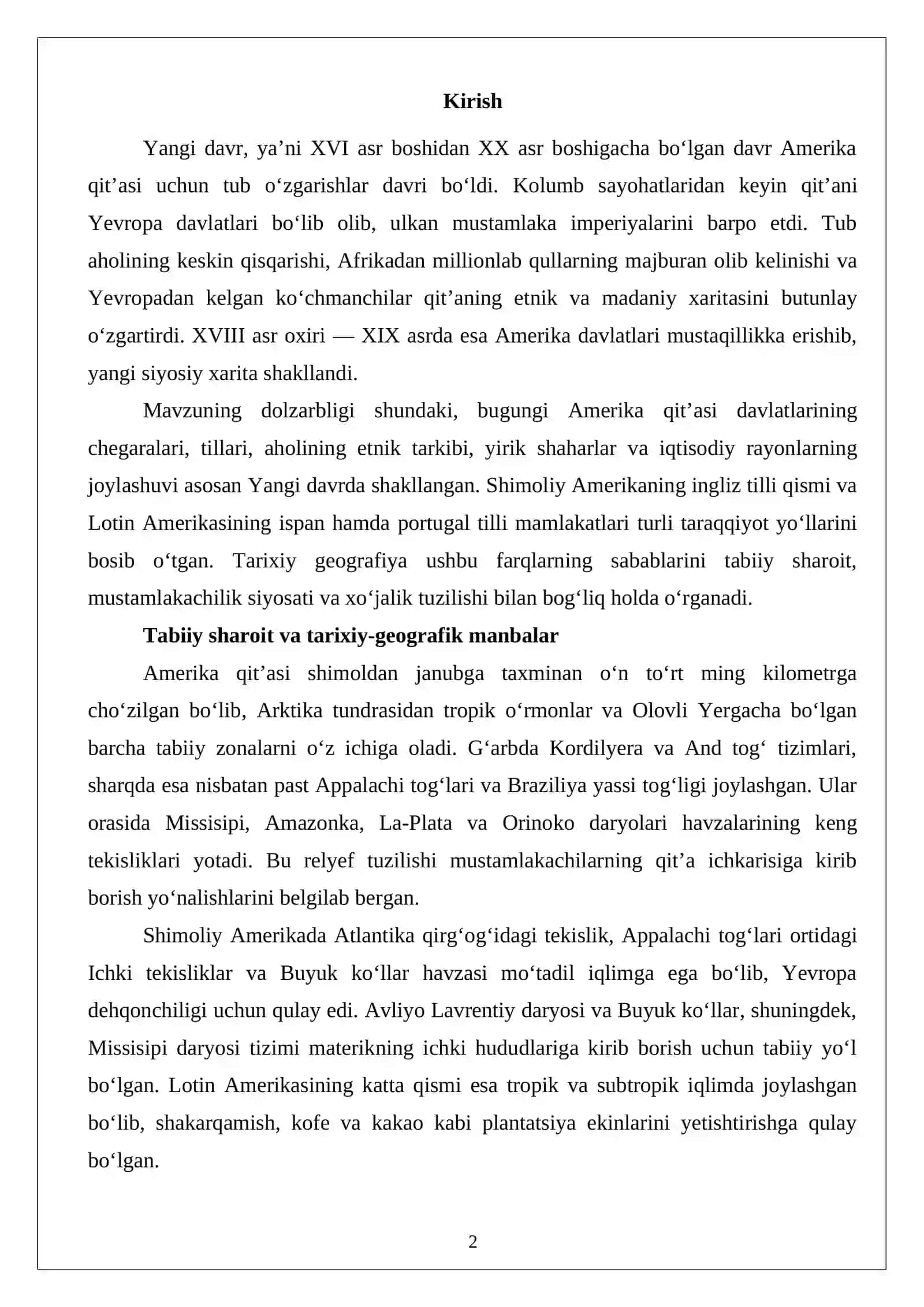 Yangi davrda Shimoliy va Lotin Amerikasi tarixiy geografiyasi 2